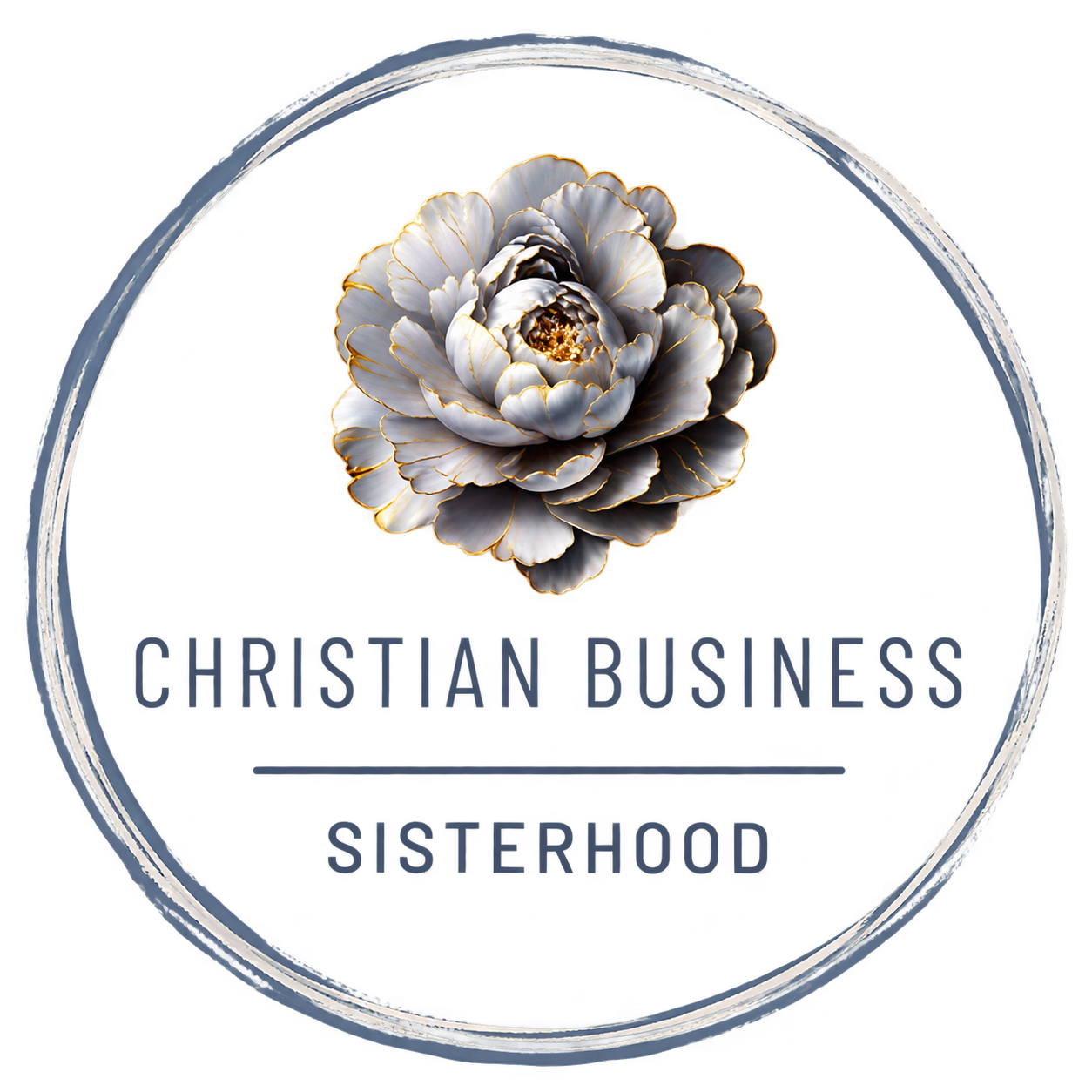 Logo for Christian Business Sisterhood featuring a detailed silver flower at the top, with the text 'Christian Business' in blue and 'Sisterhood' below in smaller blue letters, all within a circular border.