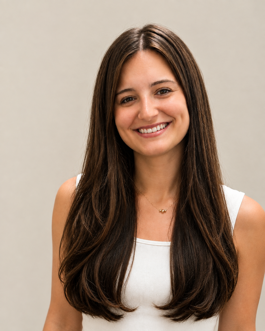 Young woman with long brown hair, smiling, wearing a white sleeveless top and a delicate gold necklace, posing against a plain beige background.