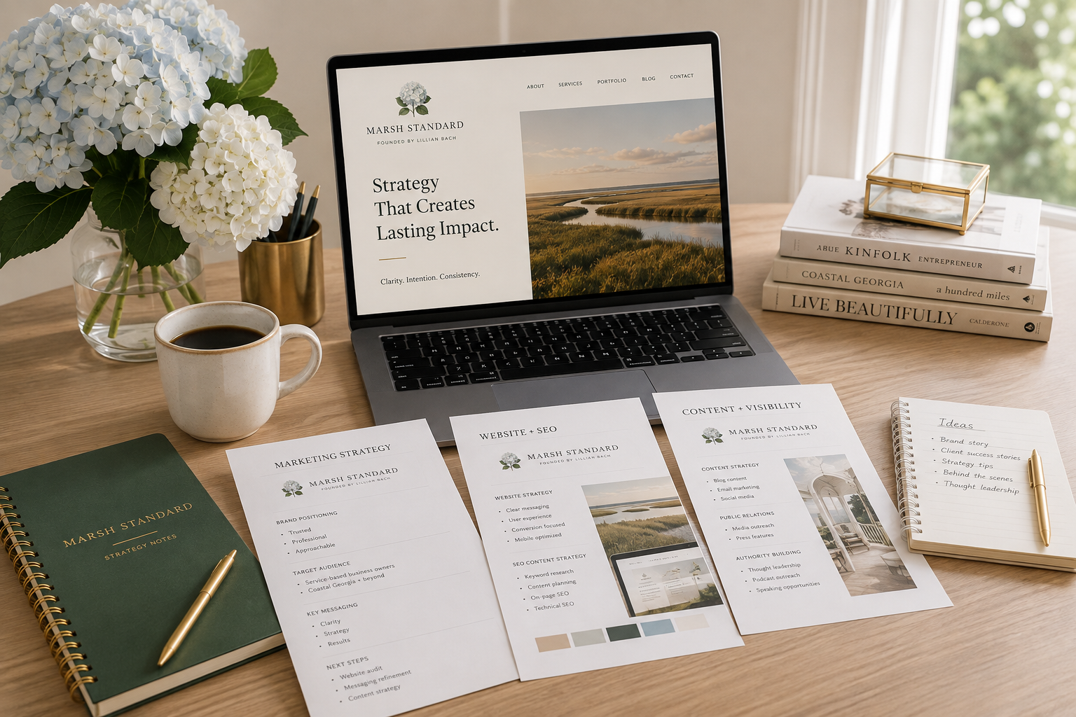 A workspace with a laptop displaying a website for Marsh Standard, a glass of coffee, a notebook labeled Marsh Standard Strategy Notes, printed marketing papers, a leaf and flower arrangement, a stack of books, and a notepad with handwritten ideas.