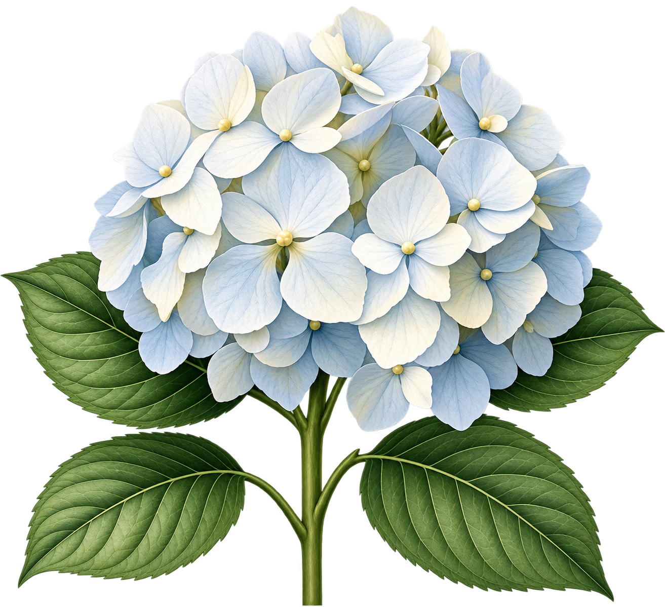 A close-up of a light blue and white hydrangea flower with multiple petals, surrounded by green leaves.
