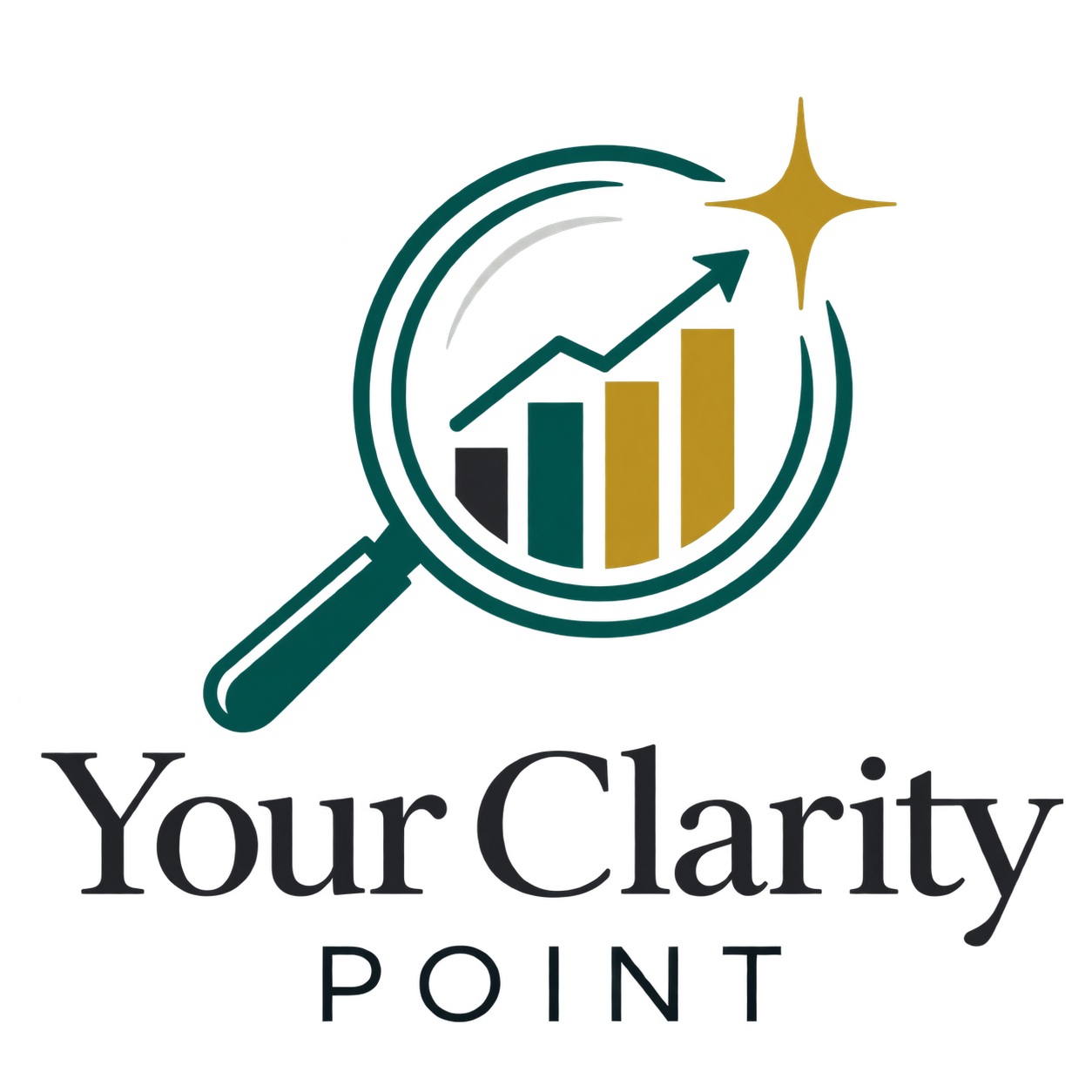 A logo featuring a magnifying glass highlighting a bar chart with an upward trending arrow, accompanied by the text 'Your Clarity Point'.