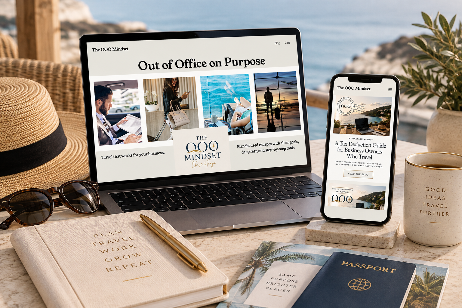 A laptop and smartphone displaying travel and business planning websites on a beachside table. The setup includes a straw hat, sunglasses, a notebook with 'Plan Travel Work Grow Repeat' on the cover, a gold pen, a passport, a coffee mug with 'Good Ideas Travel Further', and travel brochures with tropical themes.