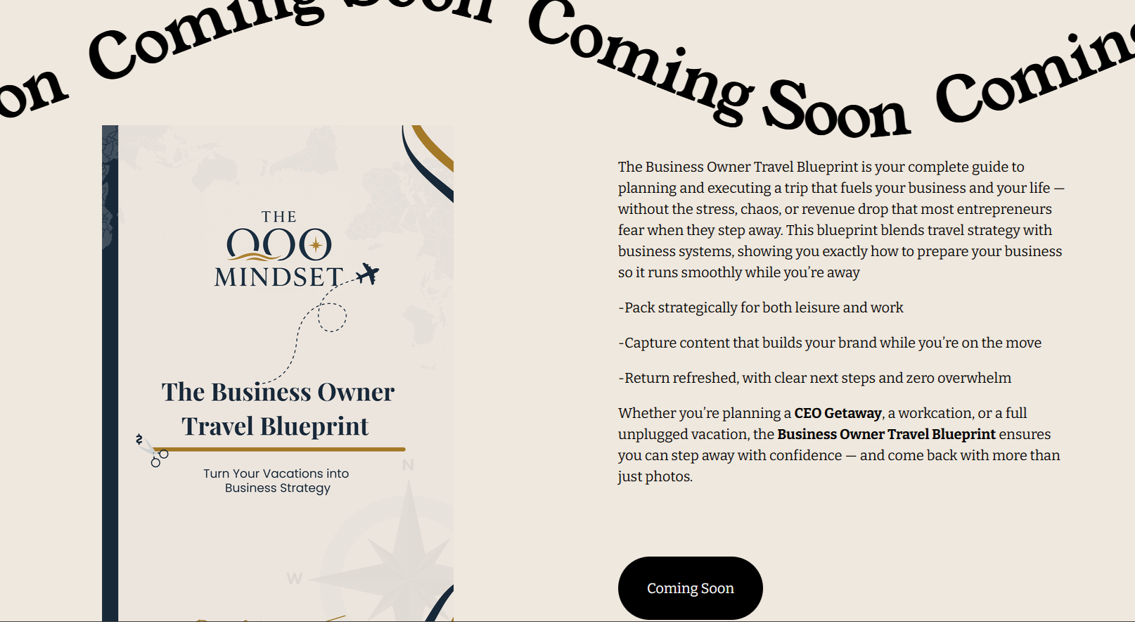 A promotional website for 'The Business Owner Travel Blueprint' featuring a book cover with the title and subtitle, a stylized map and compass design, and a 'Coming Soon' button.