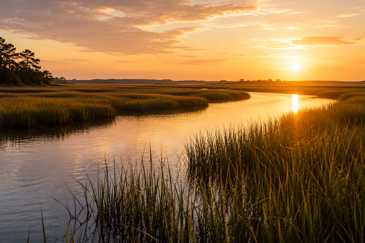 A serene wetland landscape at sunset with a winding river, tall grasses, and trees under a partly cloudy sky.