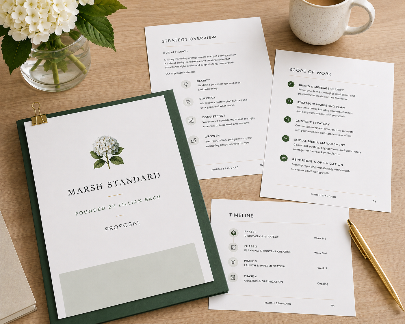 A proposal folder titled 'Marsh Standard' with a floral logo, surrounded by informational printed documents and a kitchen cup on a wooden desk, with a small bouquet of white flowers in a glass container and a gold pen.