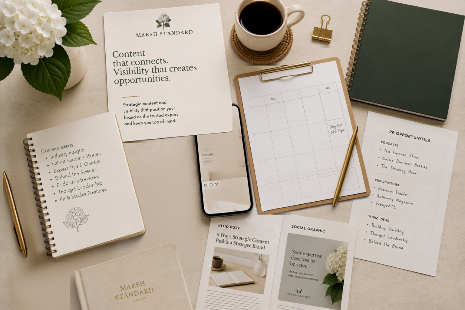 Desk setup with a planner, notebook, clipboard, smartphone, cup of coffee, notebooks, and printed papers with notes and graphics, all in a neutral workspace.