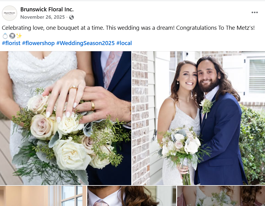 A collage of three wedding photos. The first shows a close-up of a bride and groom's hands with wedding rings, holding a bouquet of white and light pink roses and greenery. The second shows a smiling bride and groom standing outside near a brick wall, with the bride holding a similar bouquet. The third shows a partial view of the bride and another woman holding the bouquet, with the focus on the flowers.