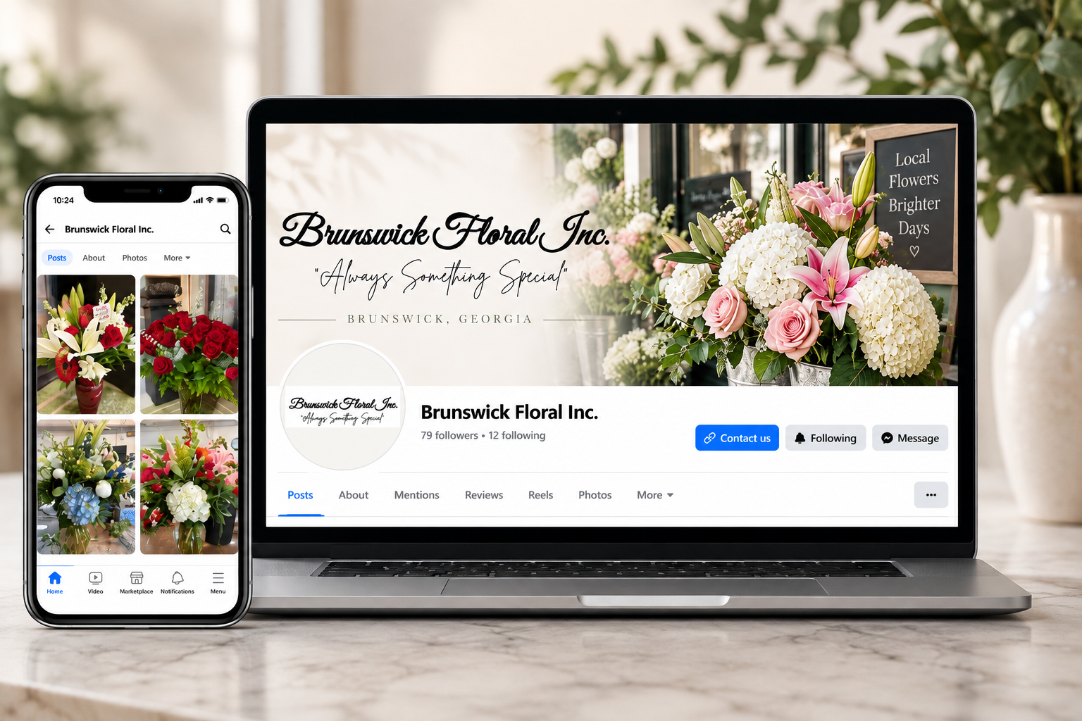 Laptop and smartphone displaying social media profiles for Brunswick Floral Inc., a florist in Brunswick, Georgia, featuring images of floral arrangements including roses, lilies, and hydrangeas in vases.