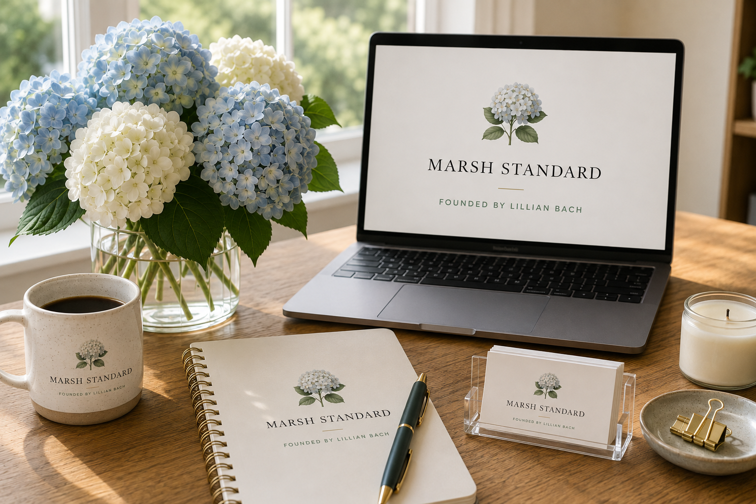 A desk with a bouquet of blue and white hydrangeas, a laptop displaying 'Marsh Standard' with a hydrangea logo, a coffee mug labeled 'Marsh Standard', a notebook with the same logo, a business card holder with cards, a pen, a candle, and a small dish with gold paper clips.