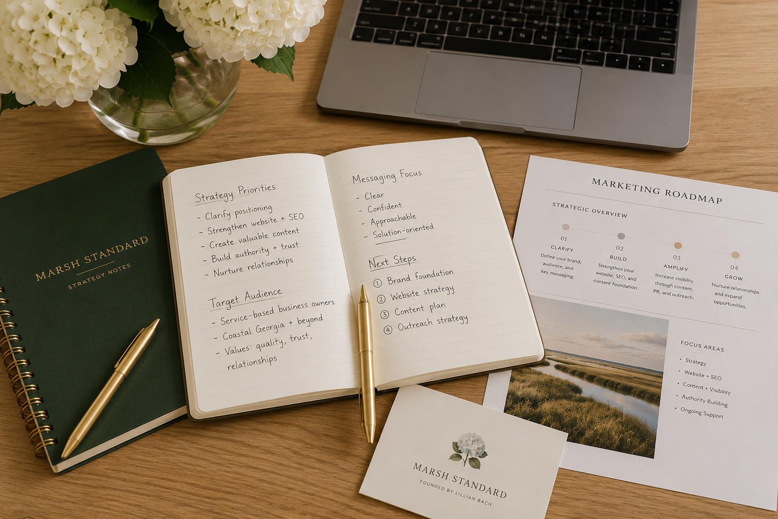 A workspace with a potted white hydrangea, a closed green notebook titled 'Marsh Standard Strategy Notes', an open notebook with handwritten notes, a gold pen, a printed marketing roadmap, a card with the Marsh Standard logo, and a silver laptop on a wooden desk.