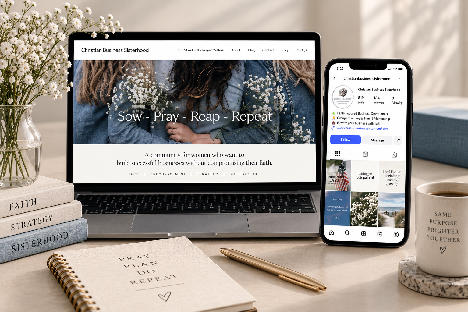 A workspace with a laptop and smartphone displaying Christian Business Sisterhood social media, a vase of white flowers, a stack of books with faith and strategy titles, a notebook with prayer plan, and a coffee mug with the quote 'Same purpose, brighter together.'