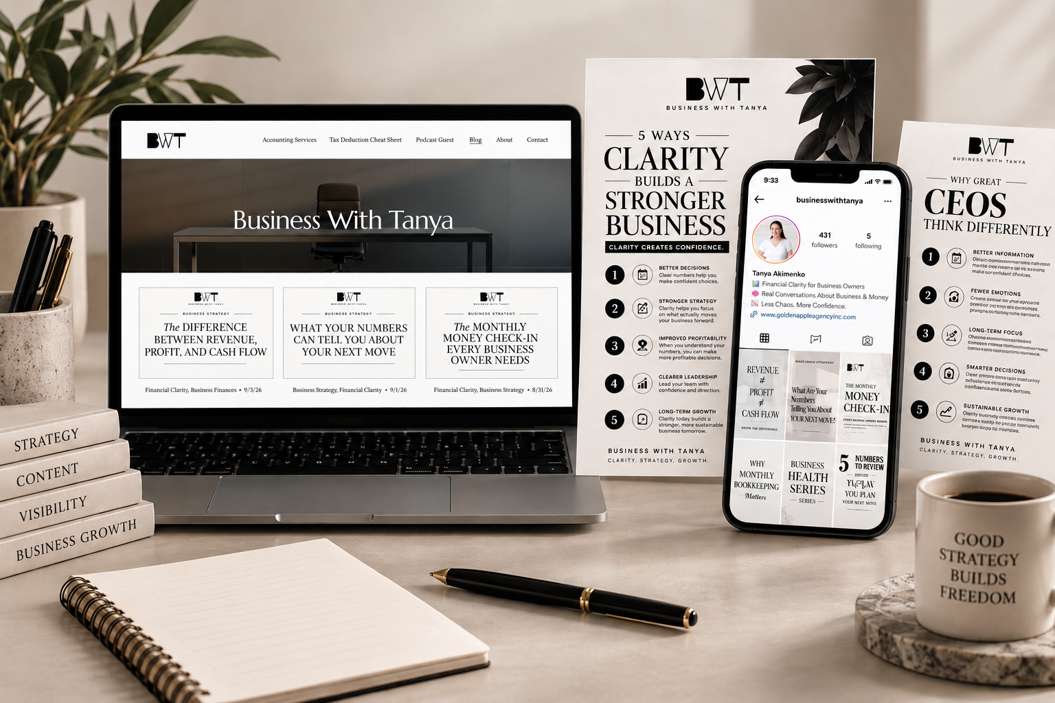 Workspace featuring a laptop displaying the Business With Tanya website, documents and pamphlets about business growth and clarity, a coffee mug with motivational text, a notepad with a pen, and a plant in the background.
