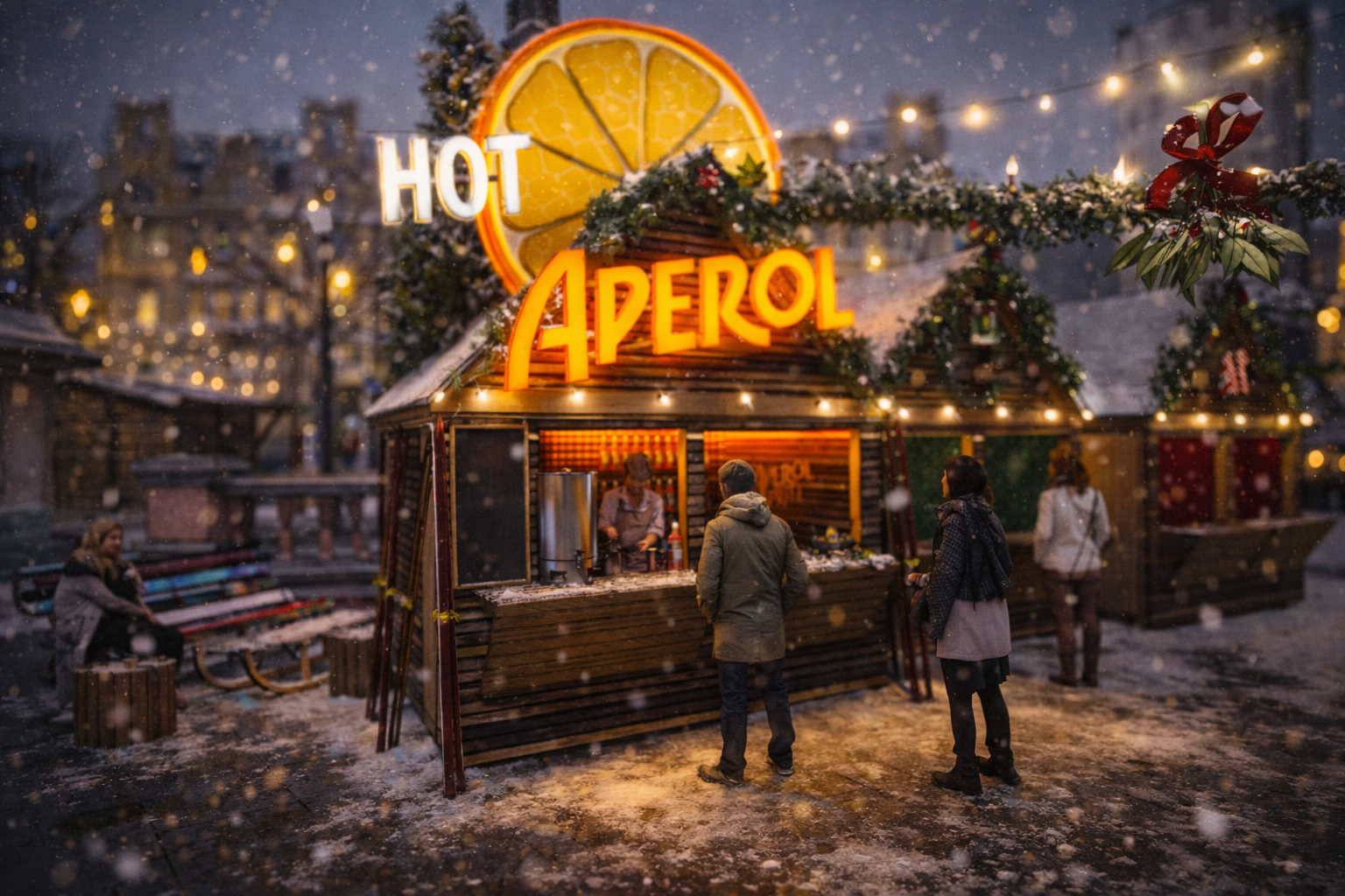 Christmas market stall with bright orange lit sign that reads 'Aperol' and a large orange slice decoration on the roof, with snow falling and string lights overhead, people standing nearby.