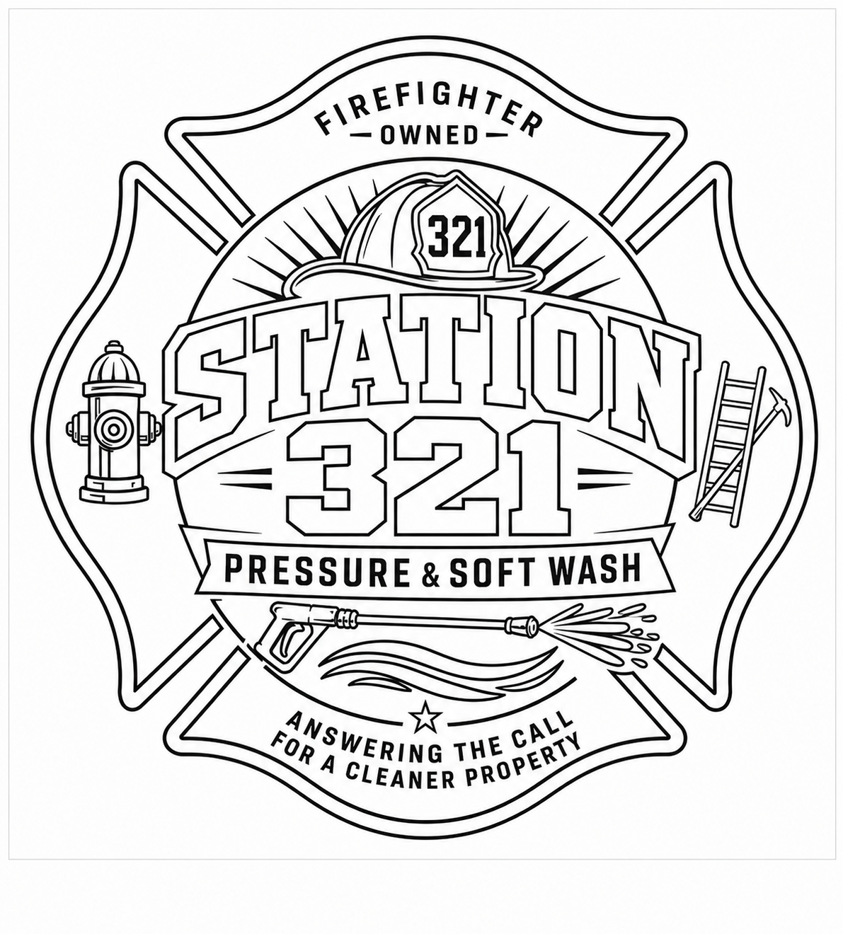Black and white firefighter badge featuring a firefighter helmet with the number 321, a fire hydrant, a ladder, a hose spraying water, and a fireman’s axe. The badge contains the text 'Station 321 Pressure & Soft Wash' and 'Answering the call for a cleaner property.'