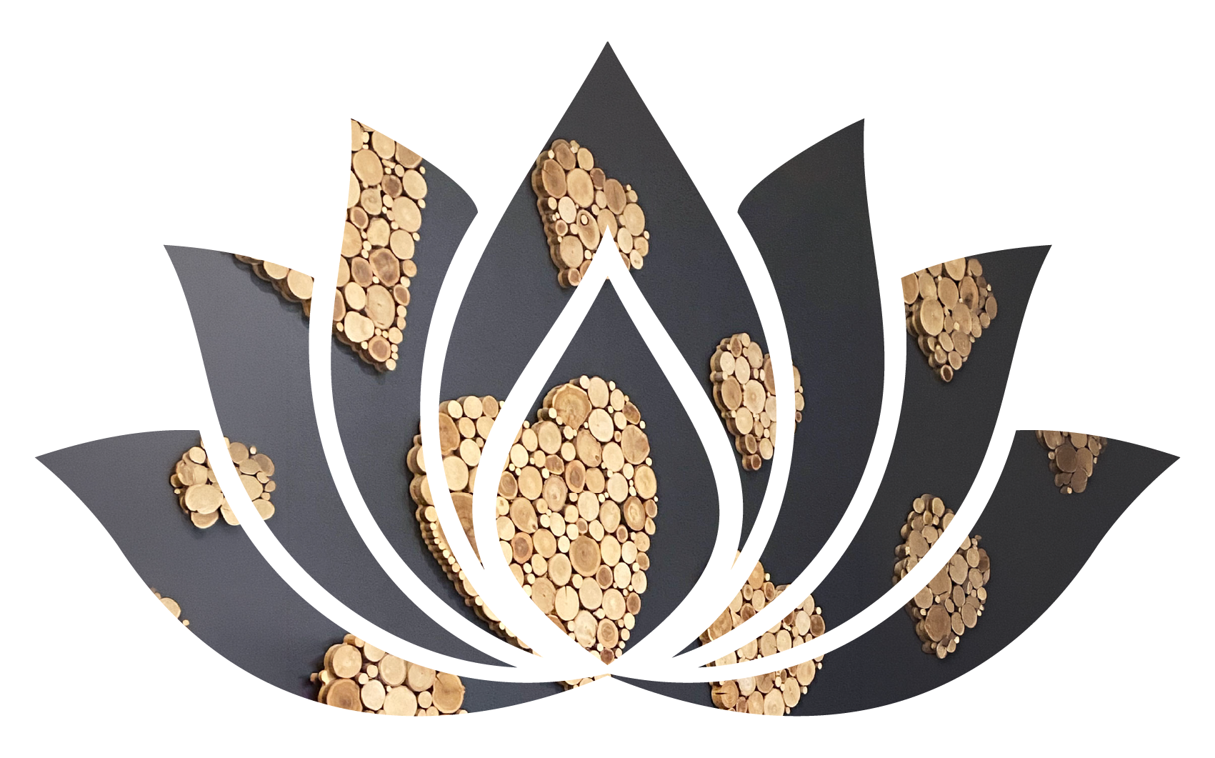 Decorative wall art composed of numerous wooden dowels arranged in heart and cloud shapes on a gray wall.