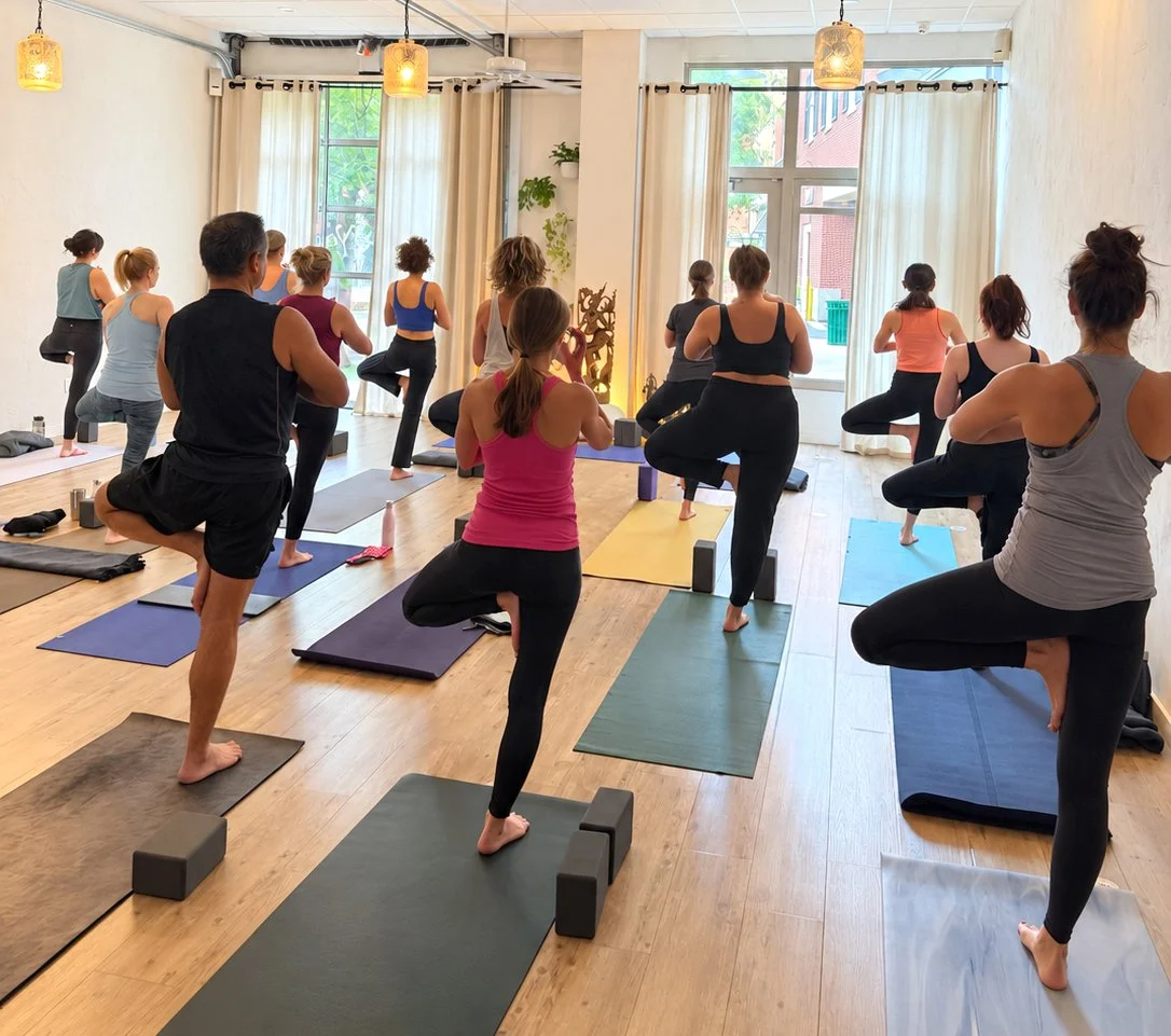 Group of people practicing yoga in a bright studio with large windows and white curtains.