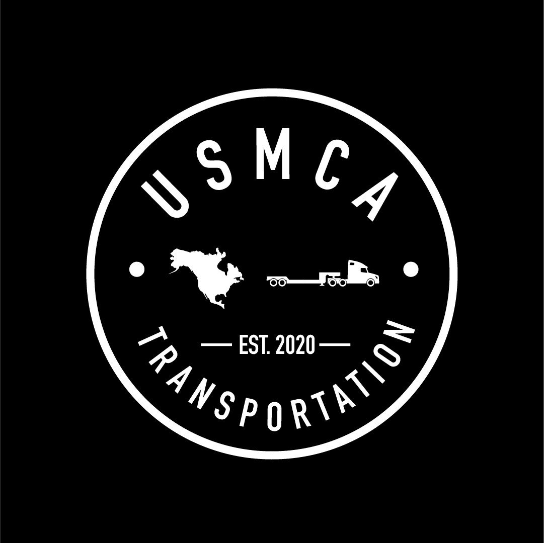 Black and white circular logo for USMCA Transportation, established 2020, featuring a map of North America and a truck.