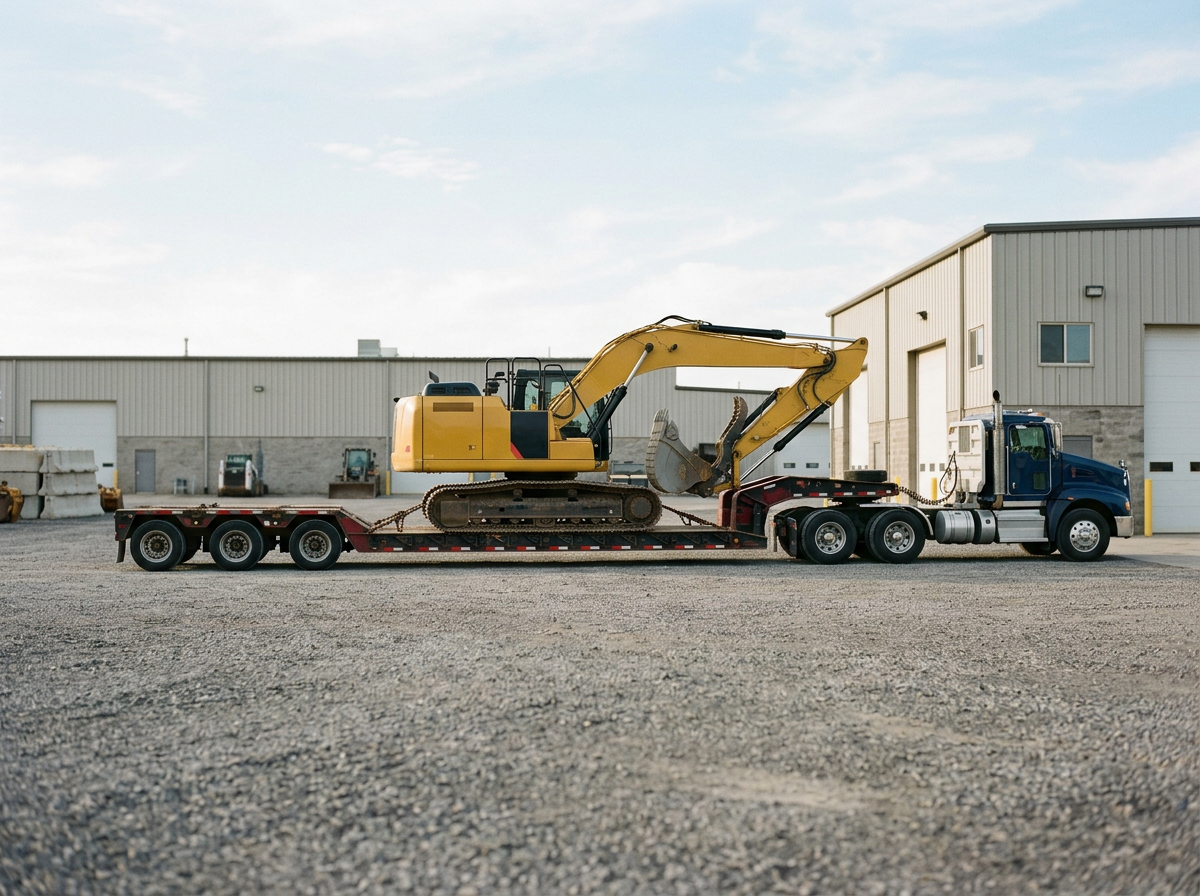 A yellow excavator loaded onto a flatbed truck in an industrial yard, with warehouse buildings in the background.