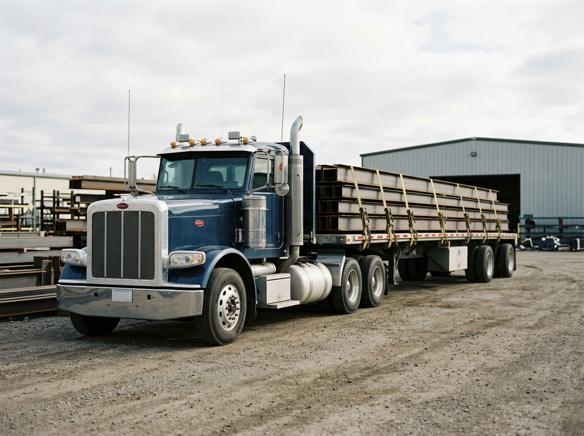 A blue semi-truck with a flatbed trailer loaded with long metal pipes parked on a gravel lot near industrial buildings.