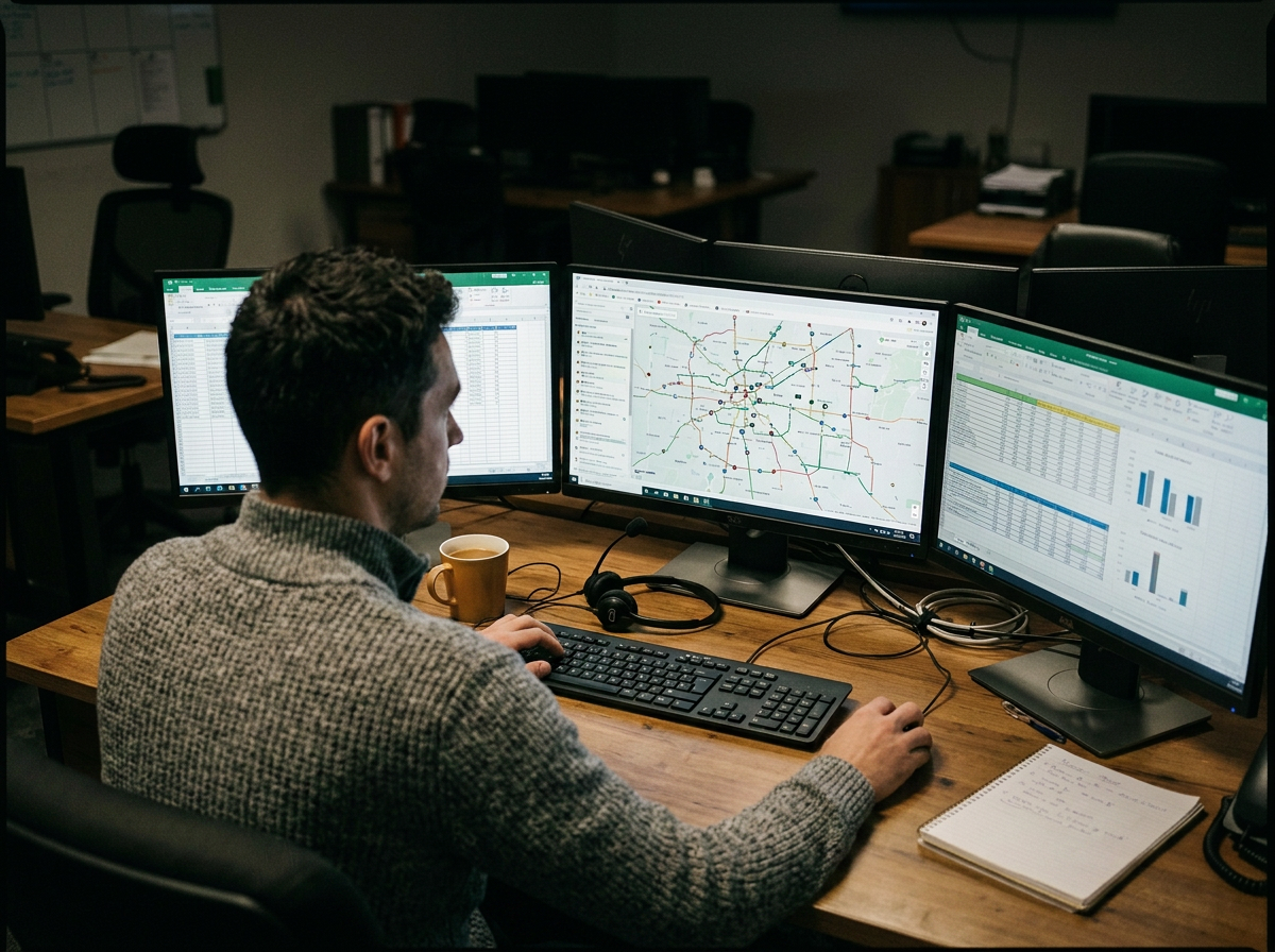 Man working at his desk with three monitors displaying spreadsheets, a map, and charts.