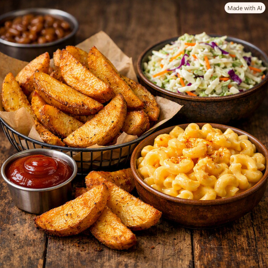 Basket of seasoned potato wedges with dipping sauce, bowl of macaroni and cheese, bowl of coleslaw, and bowl of baked beans on a wooden table.