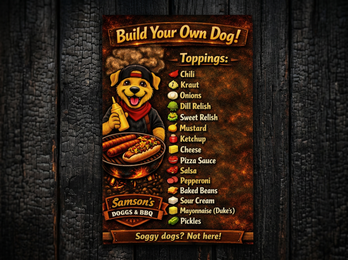 A poster advertising a build-your-own-dog hot dog stand with toppings list and a cartoon dog wearing a baseball cap and red bandana, holding a mustard squeeze bottle and standing next to a hot dog grill with cooked hot dogs. The poster is titled "Build Your Own Dog!" and features a variety of toppings including chili, kraut, onions, dill relish, sweet relish, mustard, ketchup, cheese, pizza sauce, salsa, pepperoni, baked beans, sour cream, mayonnaise, pickles, and taglines "Samson's Doggs & BBQ" and "Soggy dogs? Not here!".