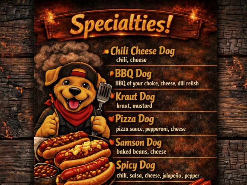 Menu of hot dog specialties including Chili Cheese Dog, BBQ Dog, Kraut Dog, Pizza Dog, Samson Dog, and Spicy Dog, with descriptions of ingredients next to each.