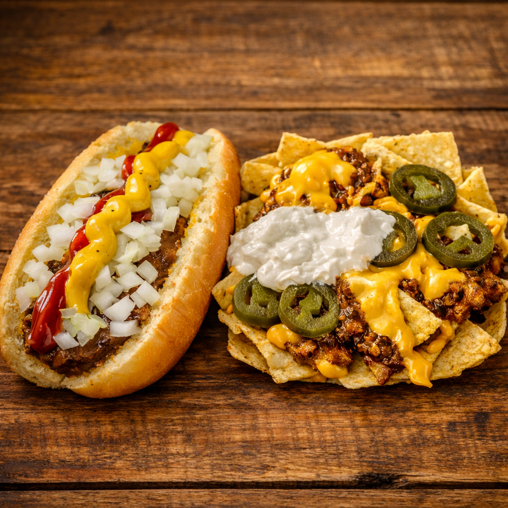 A hot dog with chopped onions, mustard, ketchup, and a sausage in a bun, and a plate of nachos topped with cheese, jalapenos, sour cream, and beef chili, on a wooden surface.