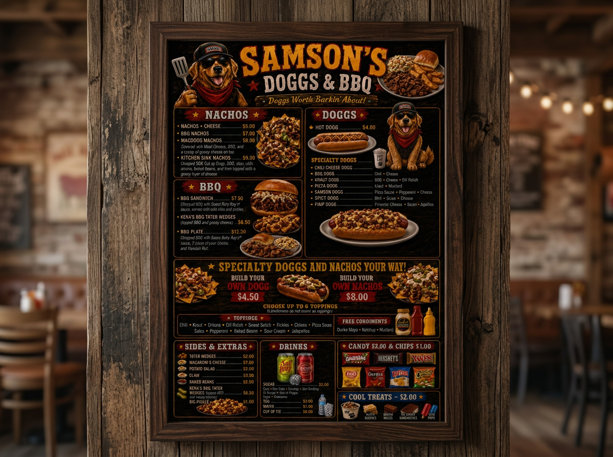Menu board for Samson's Doggs & BBQ featuring hot dogs, nachos, BBQ sandwiches, specialty hot dogs, nachos, sides, drinks, candy, and snacks with prices.