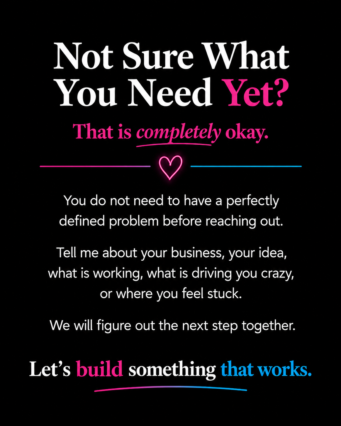 A motivational quote about business and problem-solving, with highlighted words in pink and blue, and a pink neon heart symbol in the center.