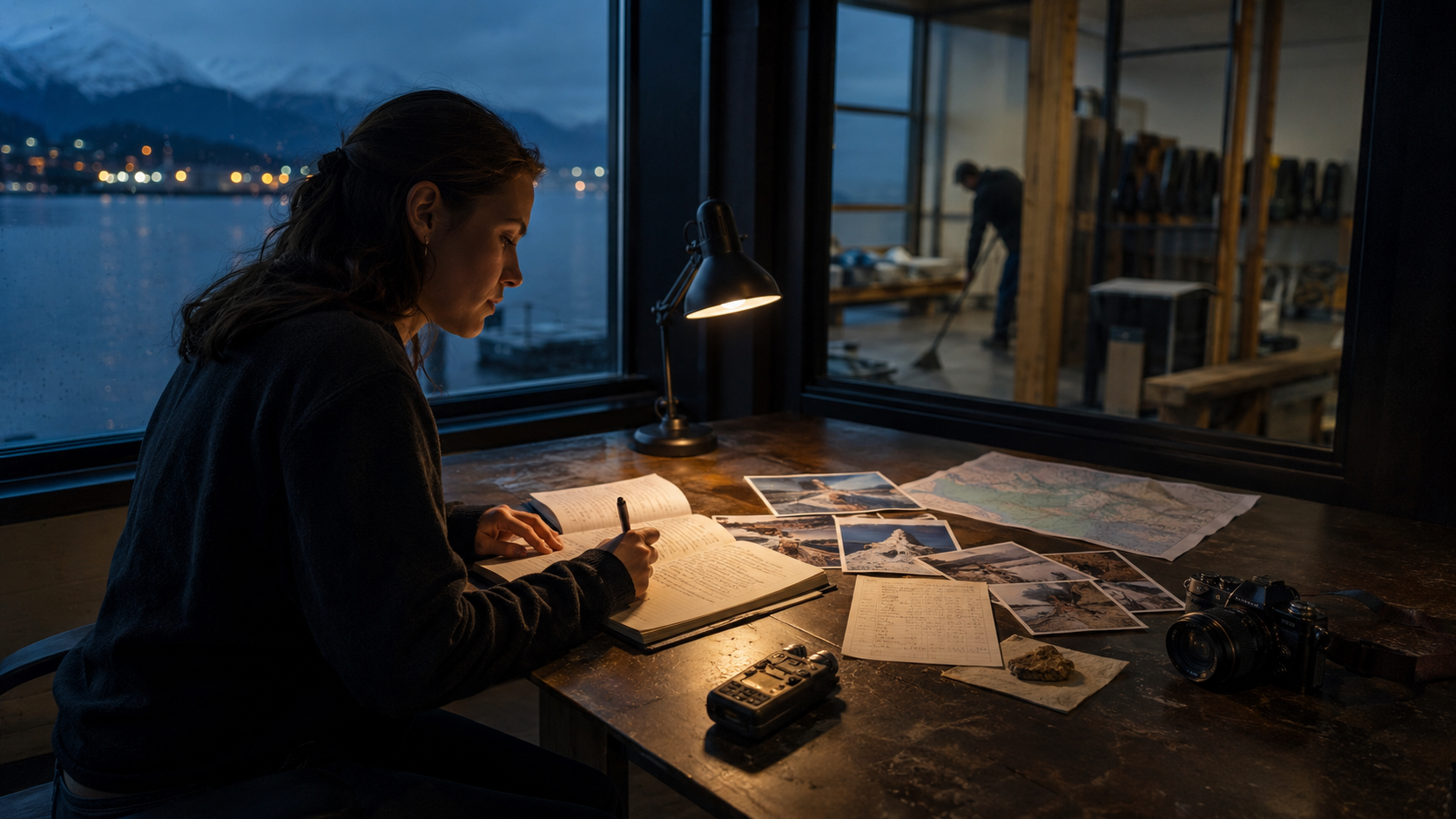 A woman records field observations beside a workshop overlooking Juneau’s mountains and harbor.