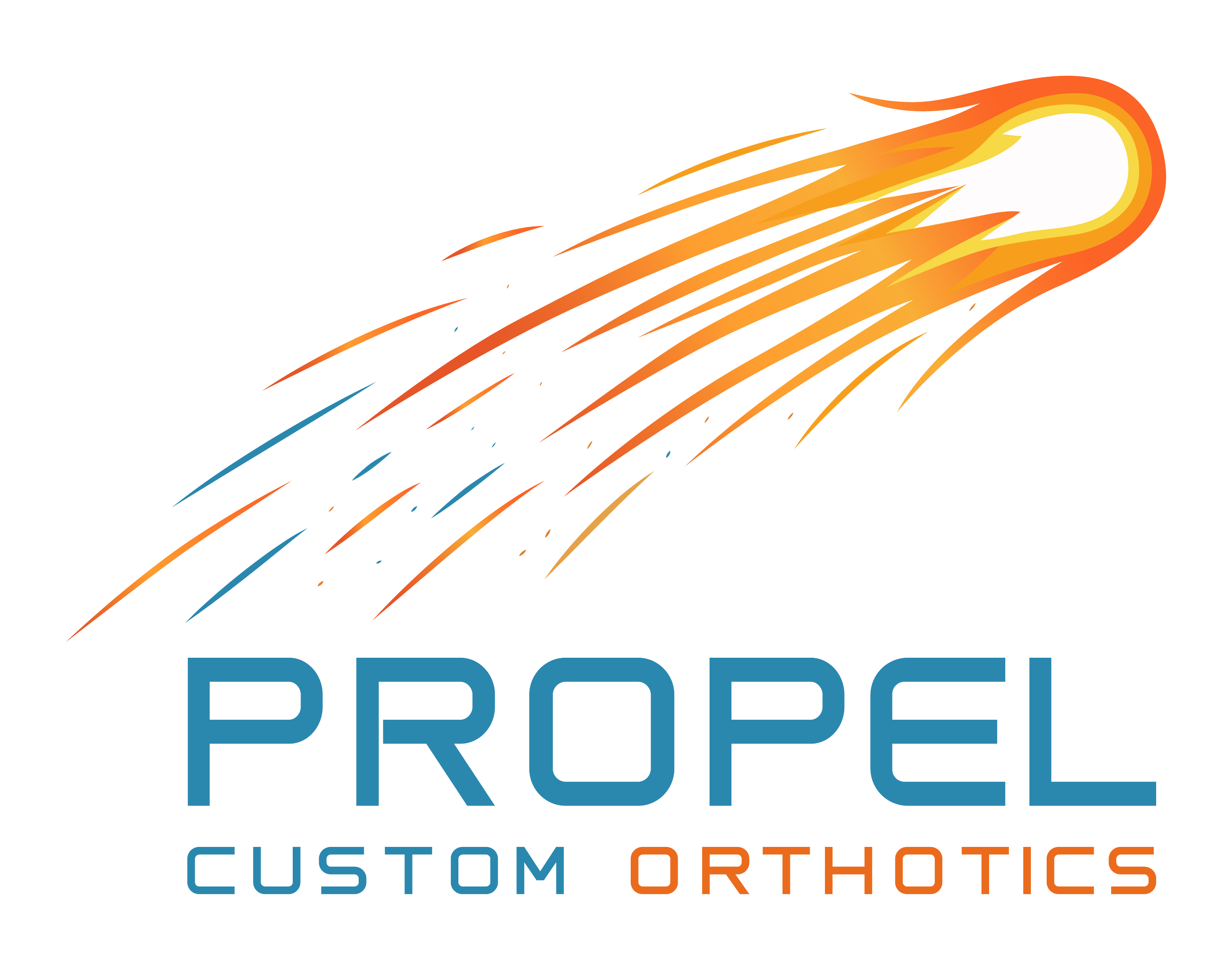 Logo for a custom outdoor products company featuring a stylized flaming comet above text that reads 'PROPEL', with additional text 'CUSTOM ORTHOTICS' at the bottom.