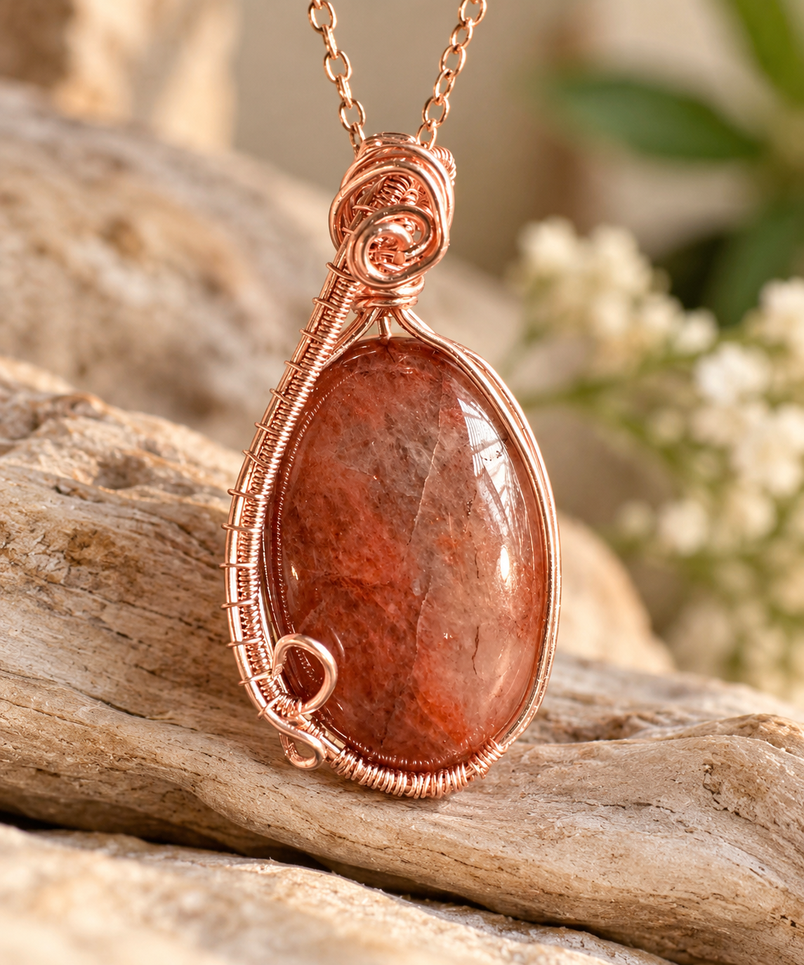 Strawberry Quartz Rose-Gold Wire-Wrapped Pendant