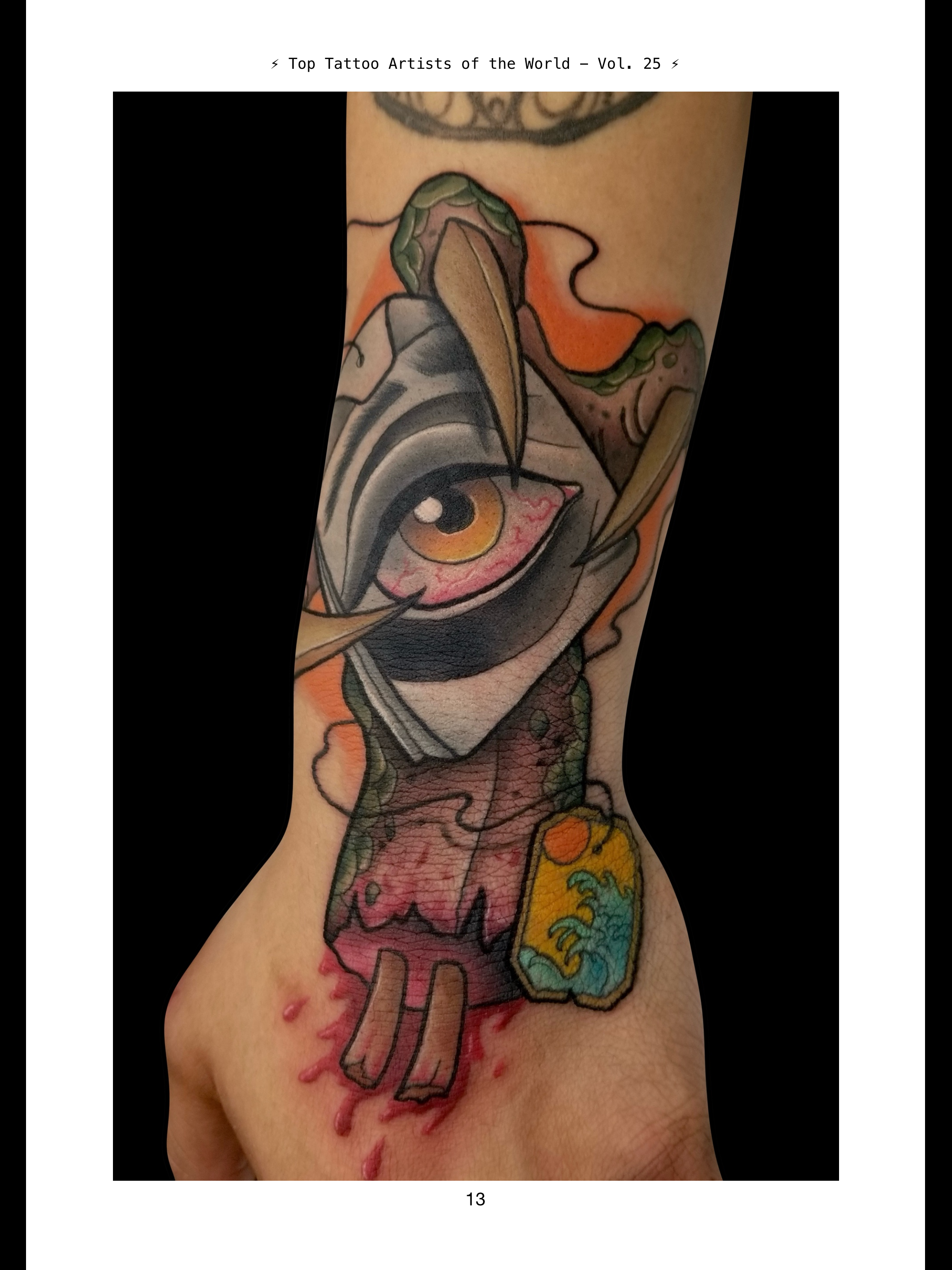 Tattoo of a cartoonish rat holding an eye in its paws, with a snake around its head, and colorful floral patterns at the bottom.