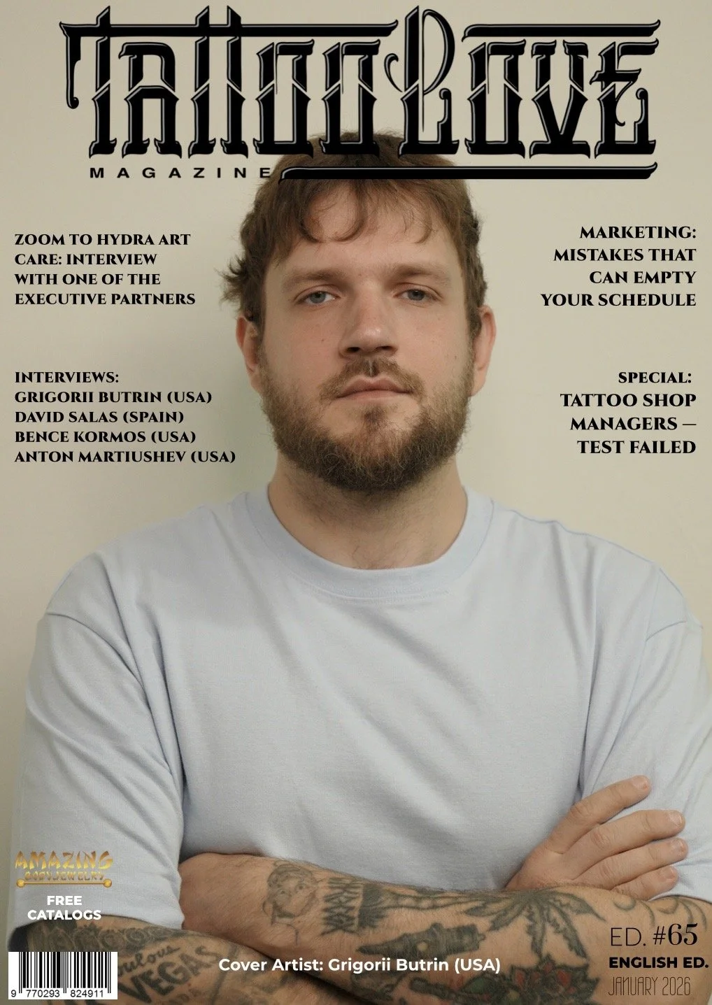 Cover of Liquor Love Magazine featuring a man with a beard and tattoos crossing his arms, wearing a white T-shirt, with magazine headlines and cover artist Grigori Butrin.