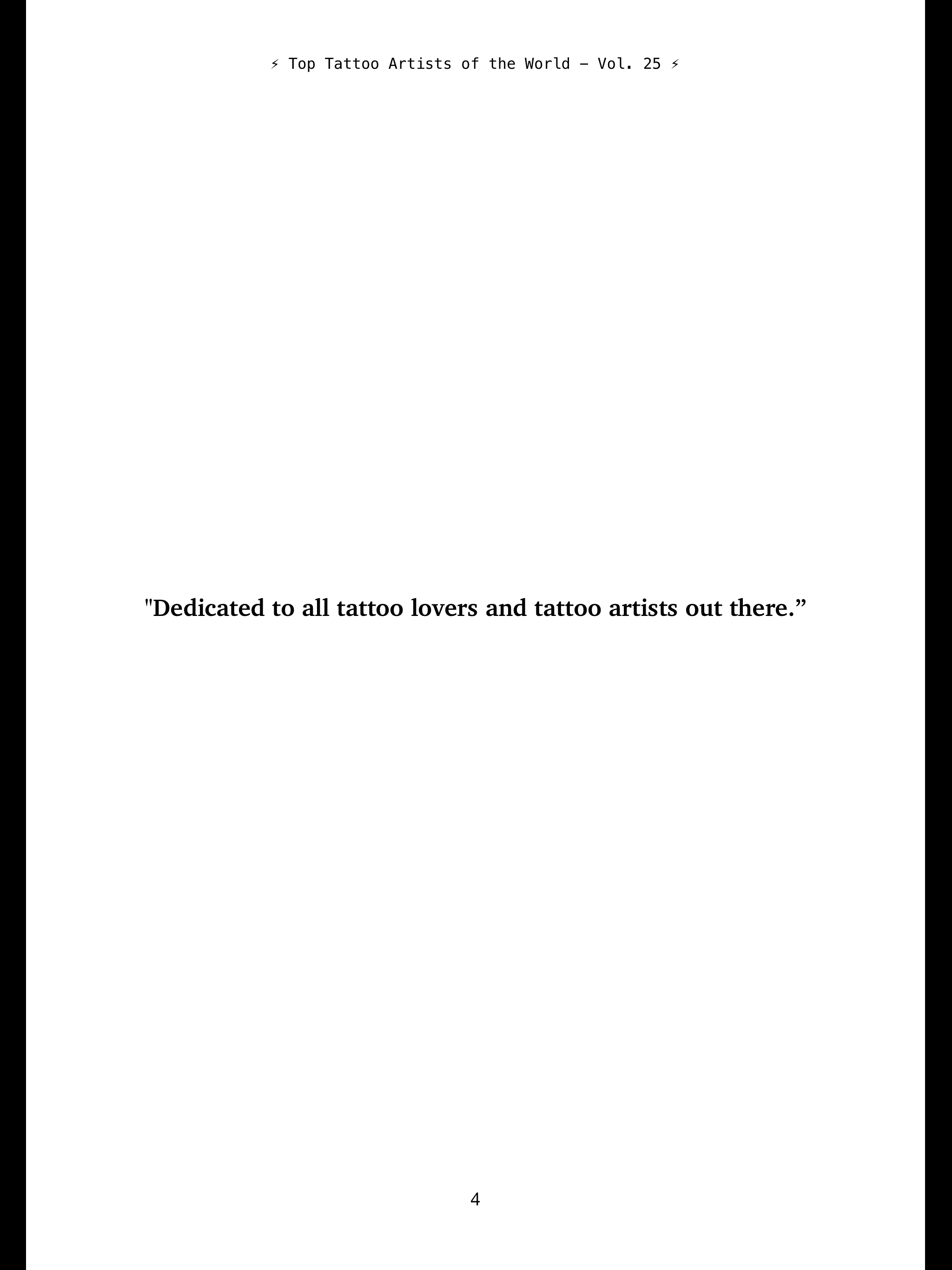 Cover page of a publication titled 'Top Tattoo Artists of the World - Vol. 25', with a dedication reading 'Dedicated to all tattoo lovers and tattoo artists out there.'