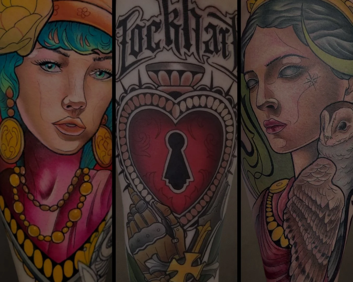 Colorful Neo-Traditional tattoo artwork  featuring female portraits, a bird and a sacred heart.