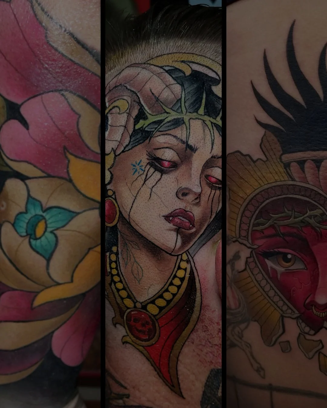 Close-up of three colorful tattooed designs, with the central one being a portrait of a woman with dark hair, red eyes, and makeup, adorned with jewelry and decorative elements.