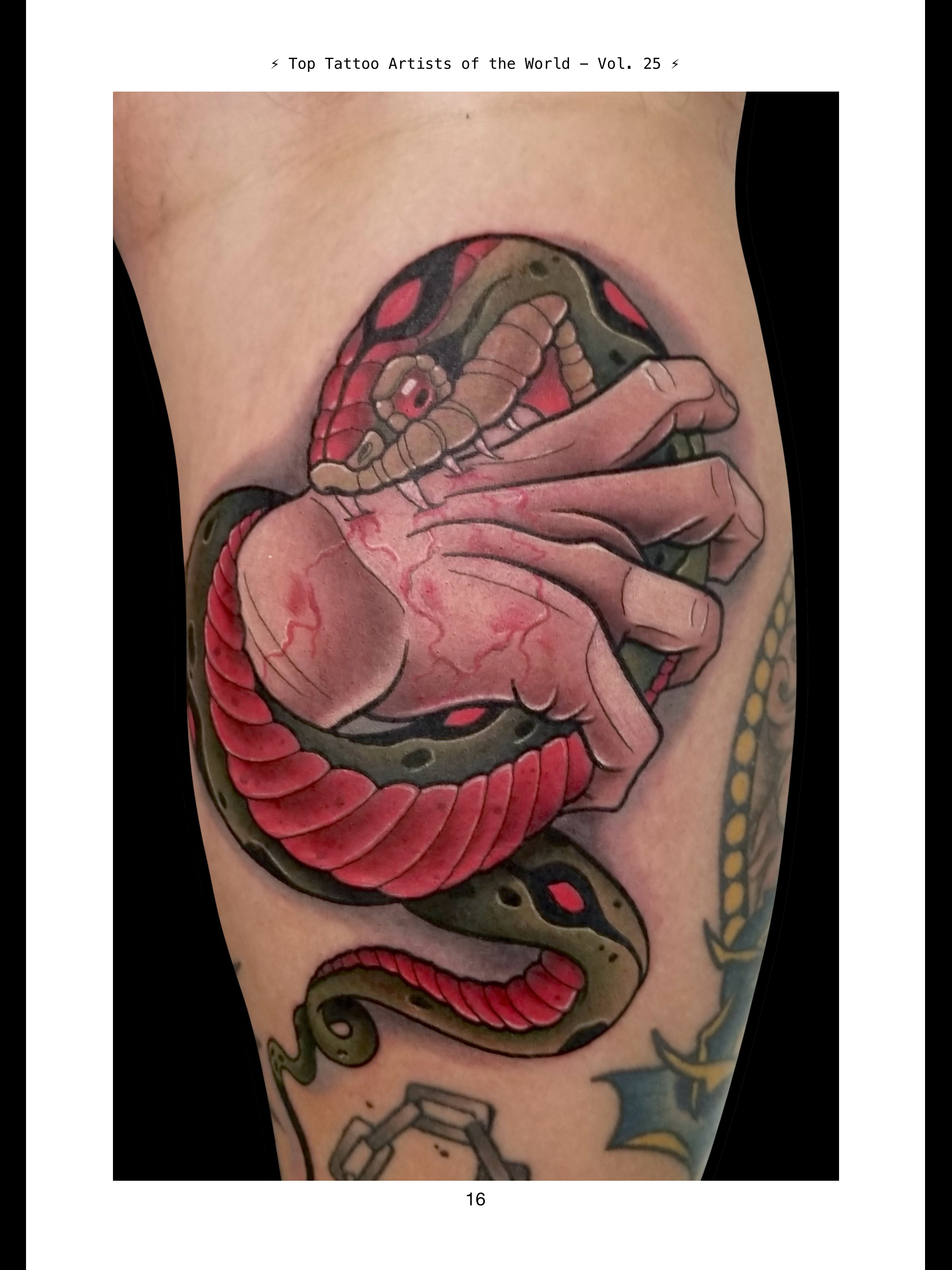 Tattoo of a realistic snake coiled around a human hand, detailed with red, black, and brown colors, on a person's arm.