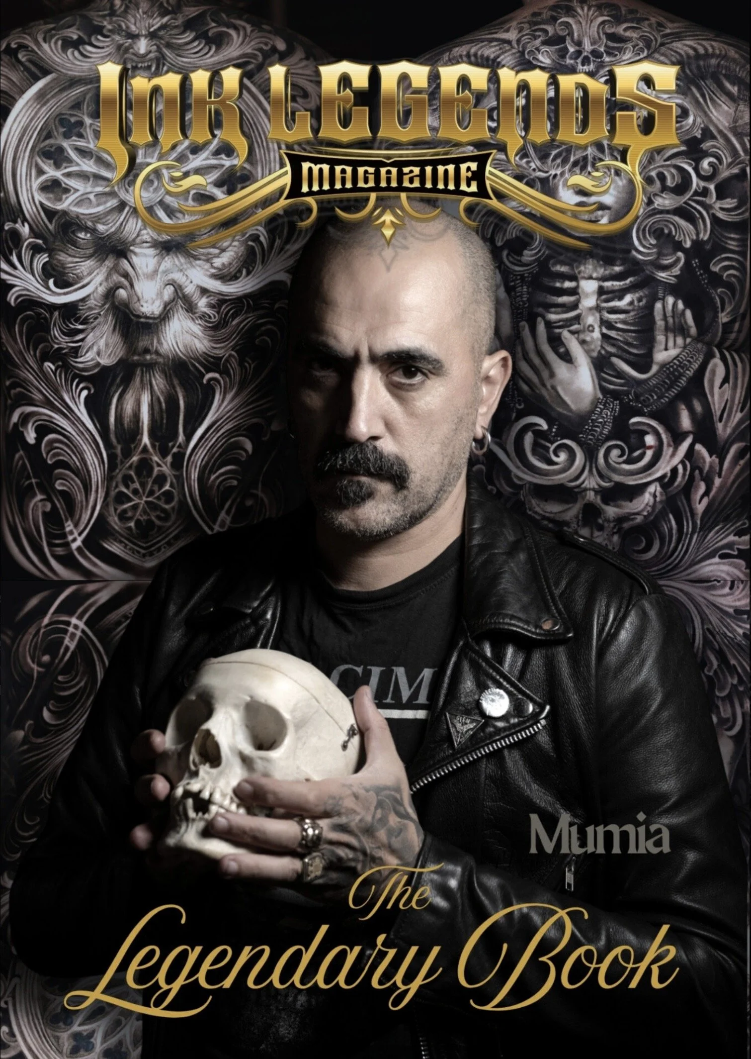 The cover of a magazine titled "1000 Legends Magazine" features a man with a shaved head, mustache, and beard wearing a black leather jacket, holding a small skull. The background includes intricate black and white artwork of a lion's face and a skeleton.
