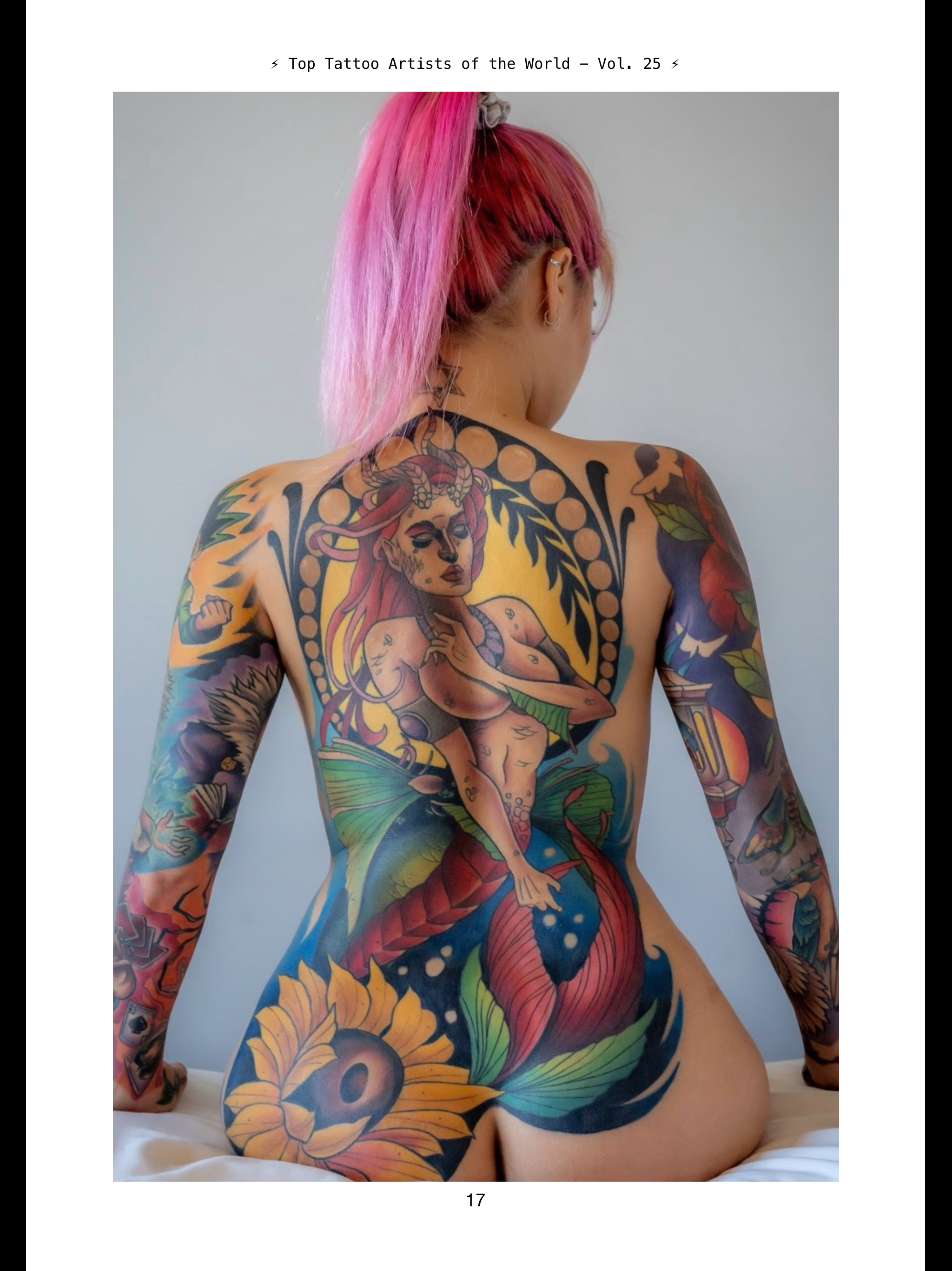 Large colorful back tattoo featuring a female figure, florals and bold New School elements.