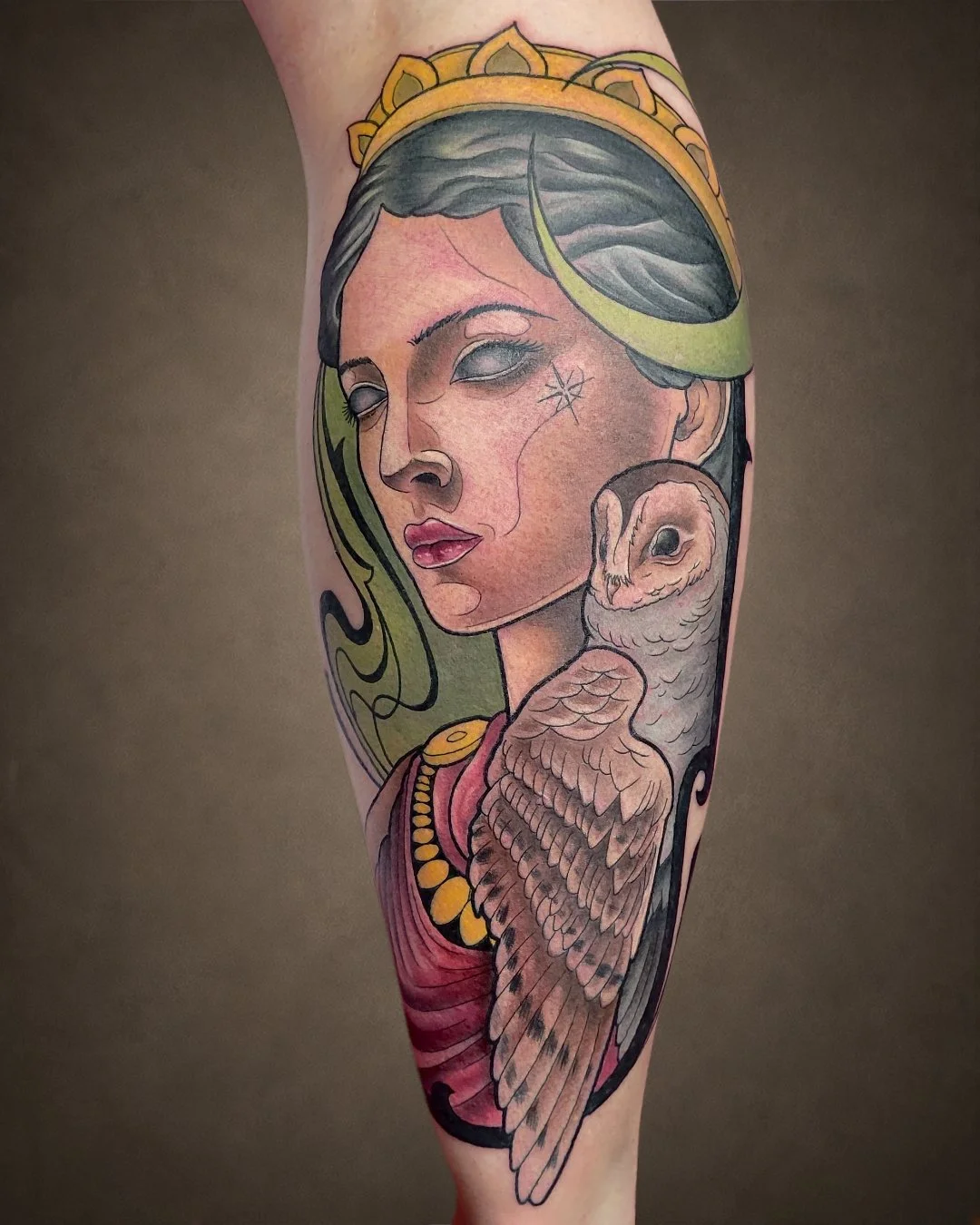 Color Neo-Traditional Athena tattoo featuring the Greek goddess with a crown and owl