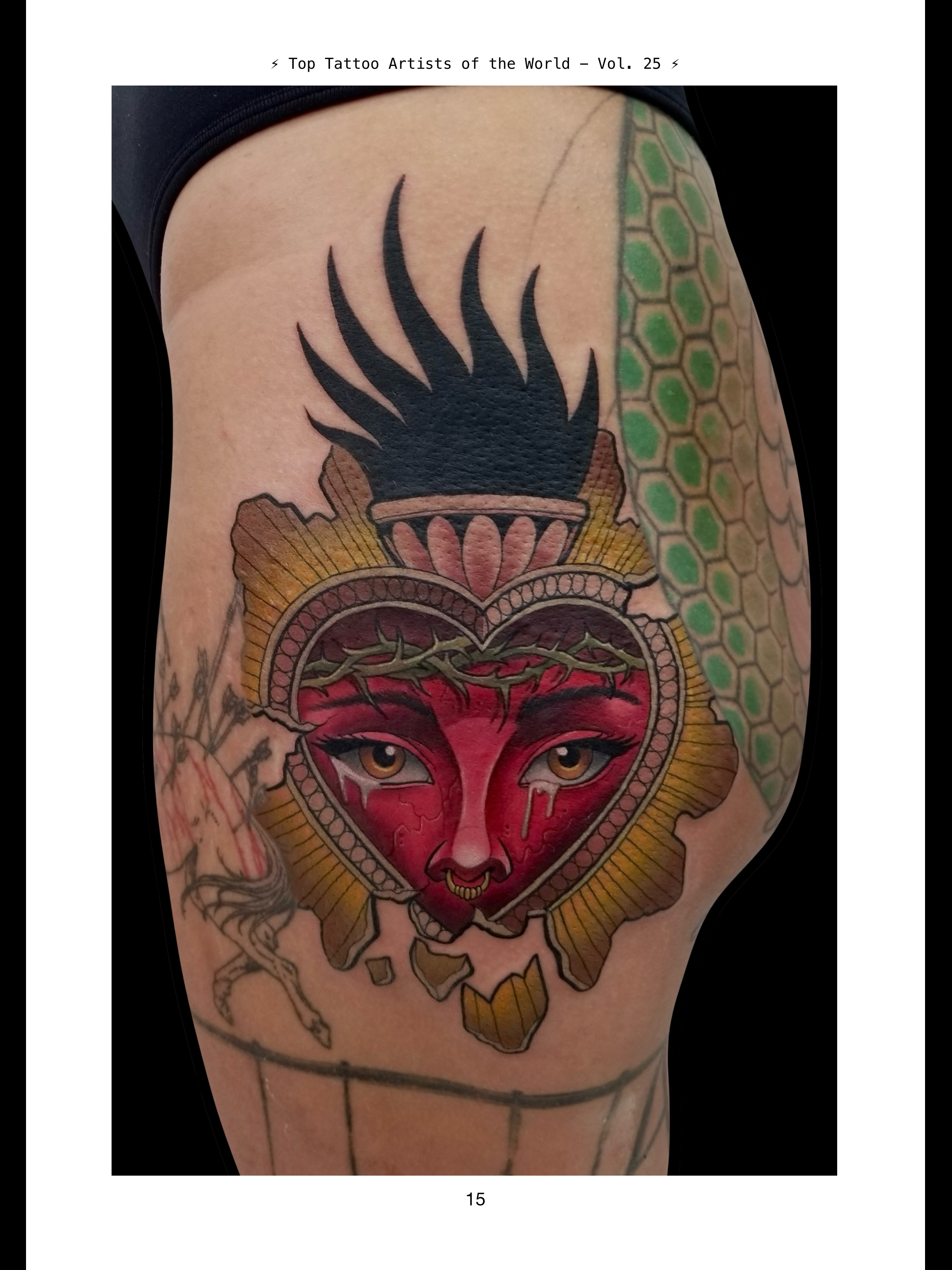 Tattoo of a woman with red face paint, yellow hair, and symmetric features, incorporating elements of a skull and snakes.