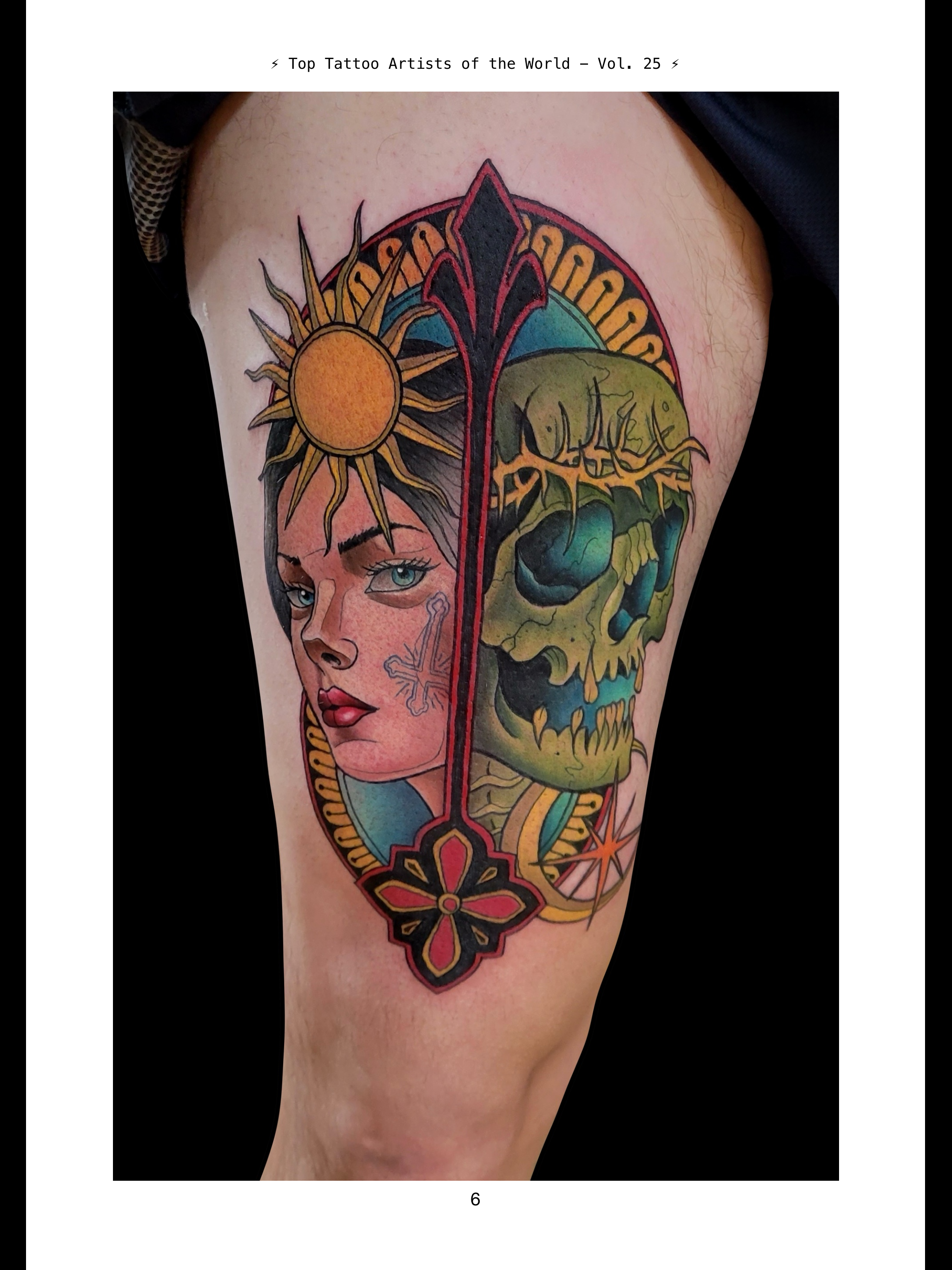 Colorful tattoo on person's shoulder featuring a woman's face, a sun, a skull, a cross, and tribal designs with vibrant colors and bold outlines.