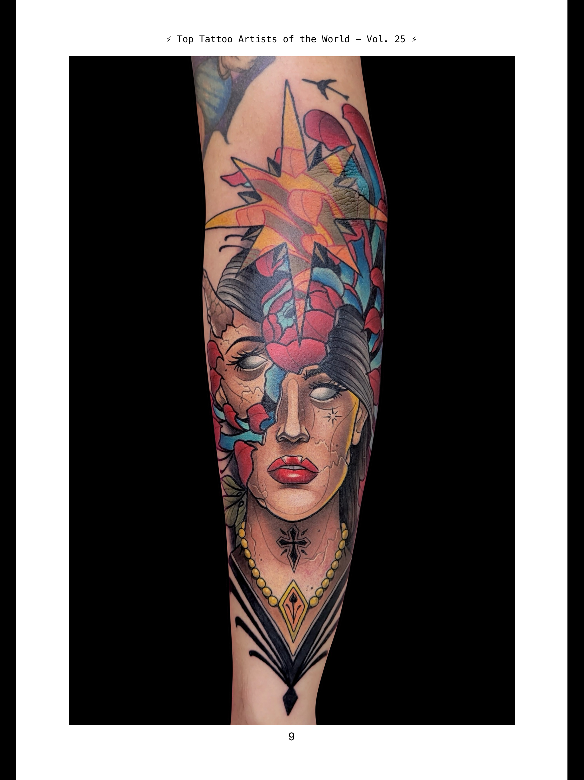Close-up of a colorful tattoo on a person's arm, featuring a woman's face with long dark hair, a large yellow star with an orange outline, and various decorative elements including jewelry, flames, and geometric shapes.