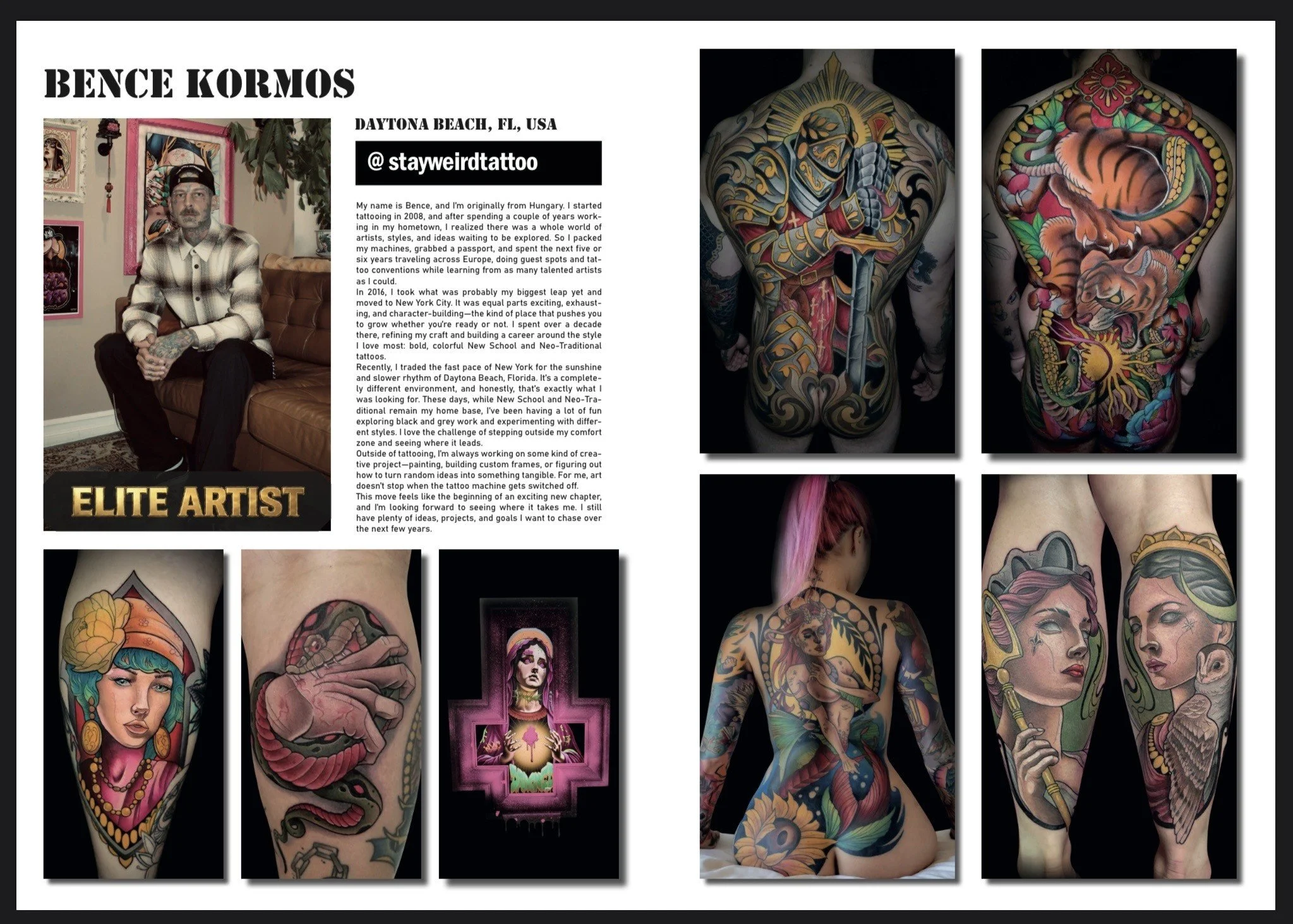Magazine feature on tattoo artist Bence Kormos showcasing his portrait and selected Neo-Traditional tattoo work.
