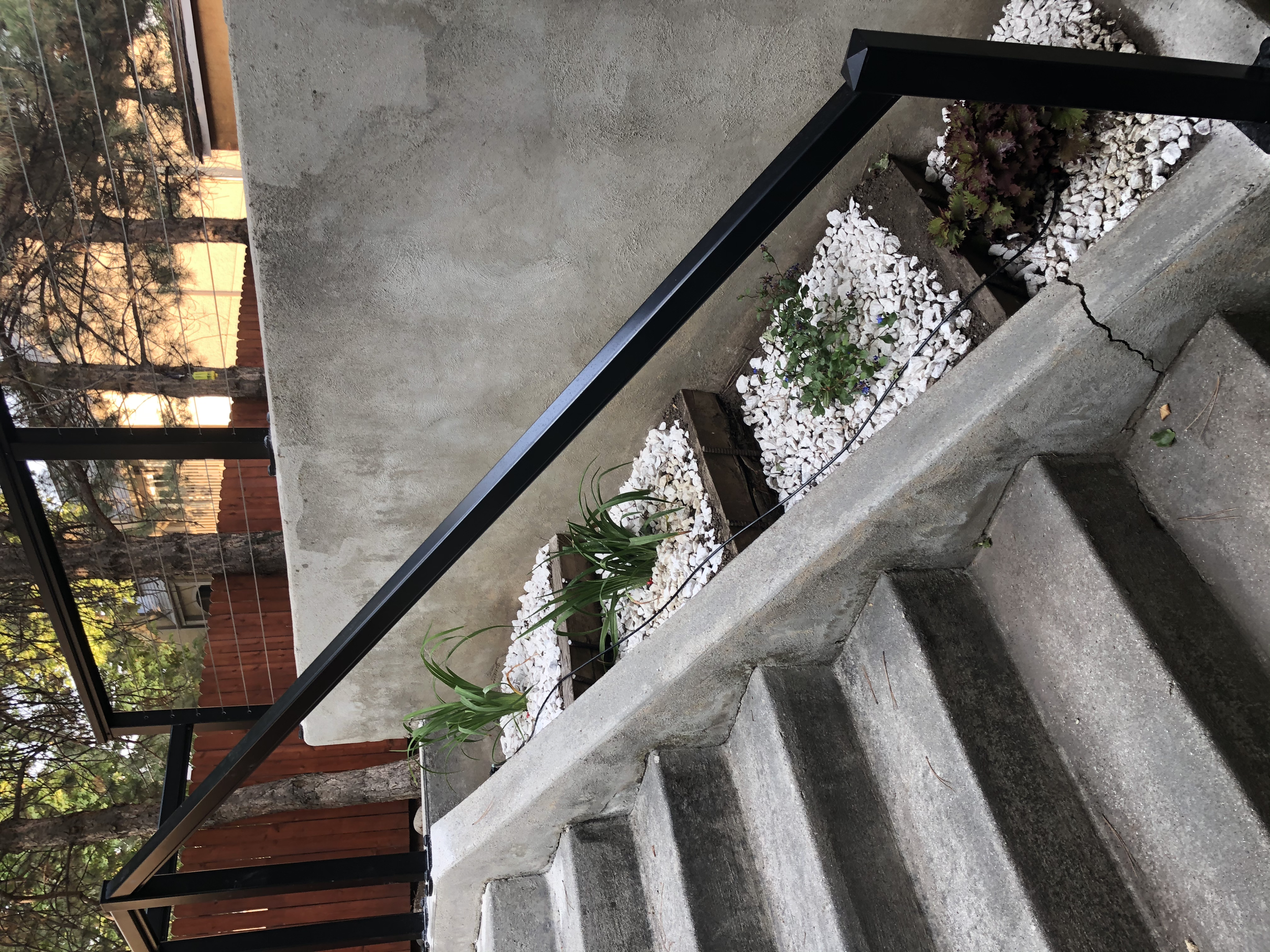 Concrete stairs with a small garden bed filled with white rocks and green plants, bordered by a black metal handrail, in a backyard with a wooden fence and trees in the background, during sunset.