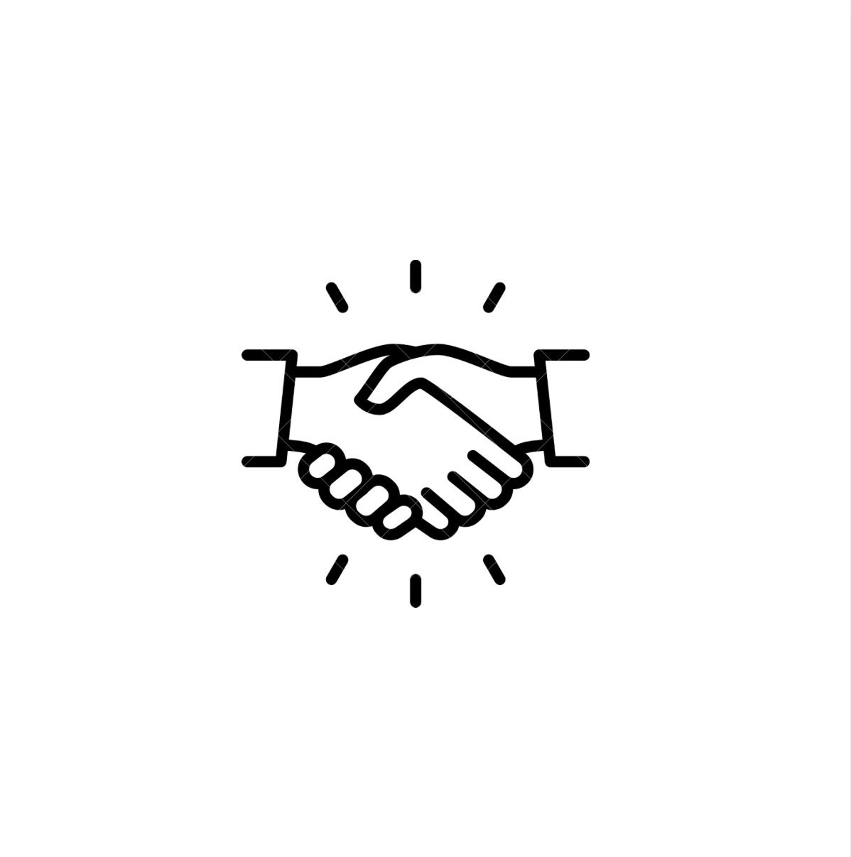 Icon of two hands shaking, surrounded by radiating lines to symbolize agreement or partnership. Free estimates.