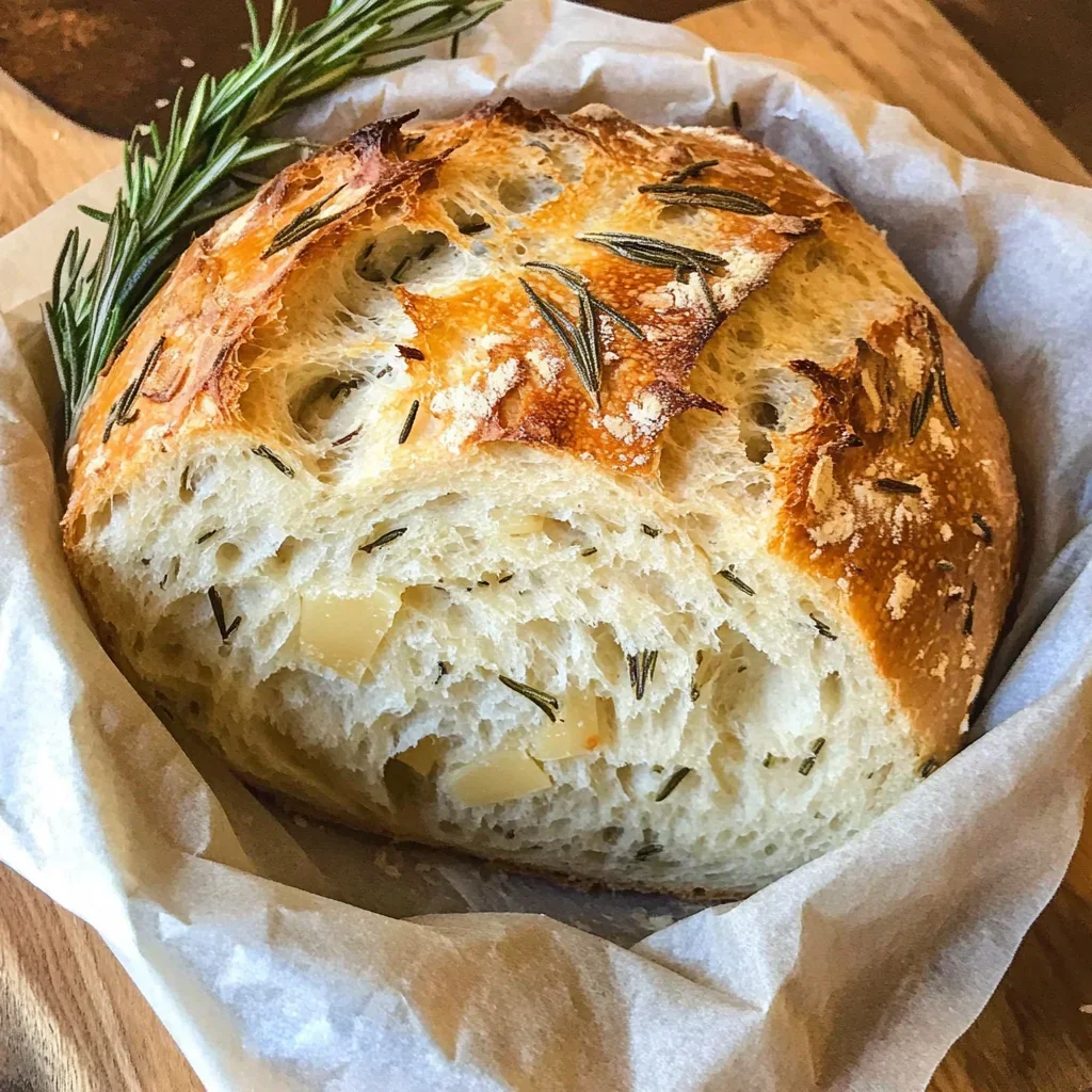 Roasted garlic and rosemary artisan sourdough loaf with a golden crust, aromatic roasted garlic throughout, and fresh rosemary baked into the soft, airy crumb, handcrafted at The Salty Mermaid Sourdough & Spreads.