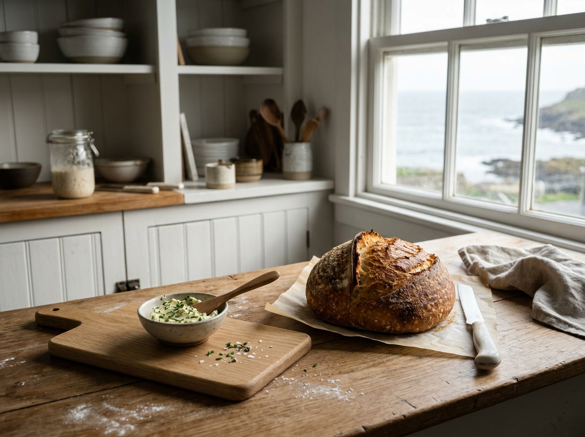 Rustic kitchen with a wooden table holding a loaf of bread, a bowl of butter with a spreading knife, and a linen cloth. Shelves in the background contain white bowls and jars, with a view of the ocean outside the window.